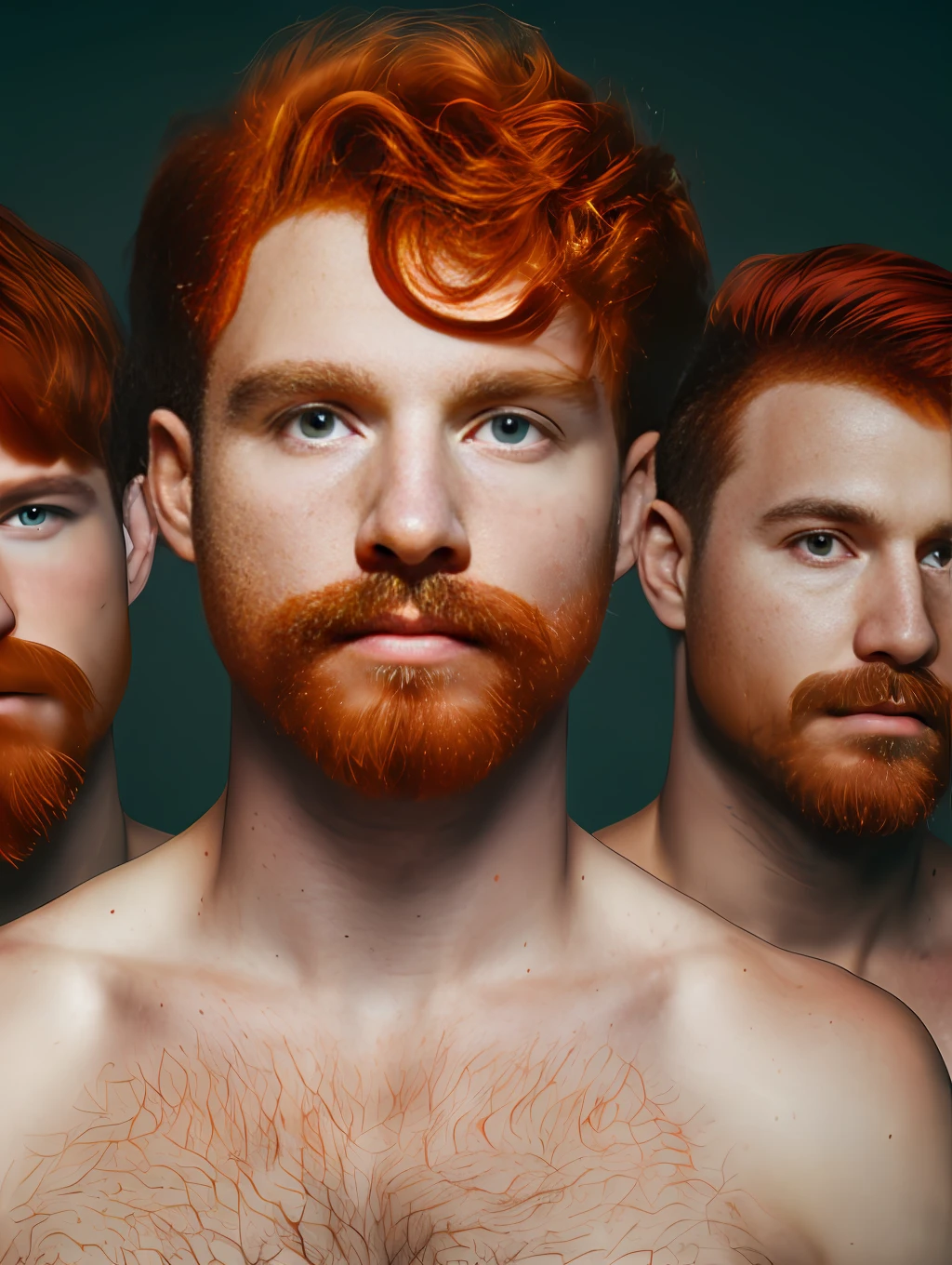((((three red-haired men together)))), (((realistic red-haired mustache))), ((shaved hair)), Bokeh, raw, ((detailed and realistic face)), wide medium shot, (extreme skin details), sexy trio of male models wearing cropped Nike, skinny (((20yo red-haired men)))), ultra realistic, rule of thirds, dramatic aerial lighting, detailed face, beautiful, shallow depth of field, intricate details, god rays, light leaks, realistic, ultra realistic,