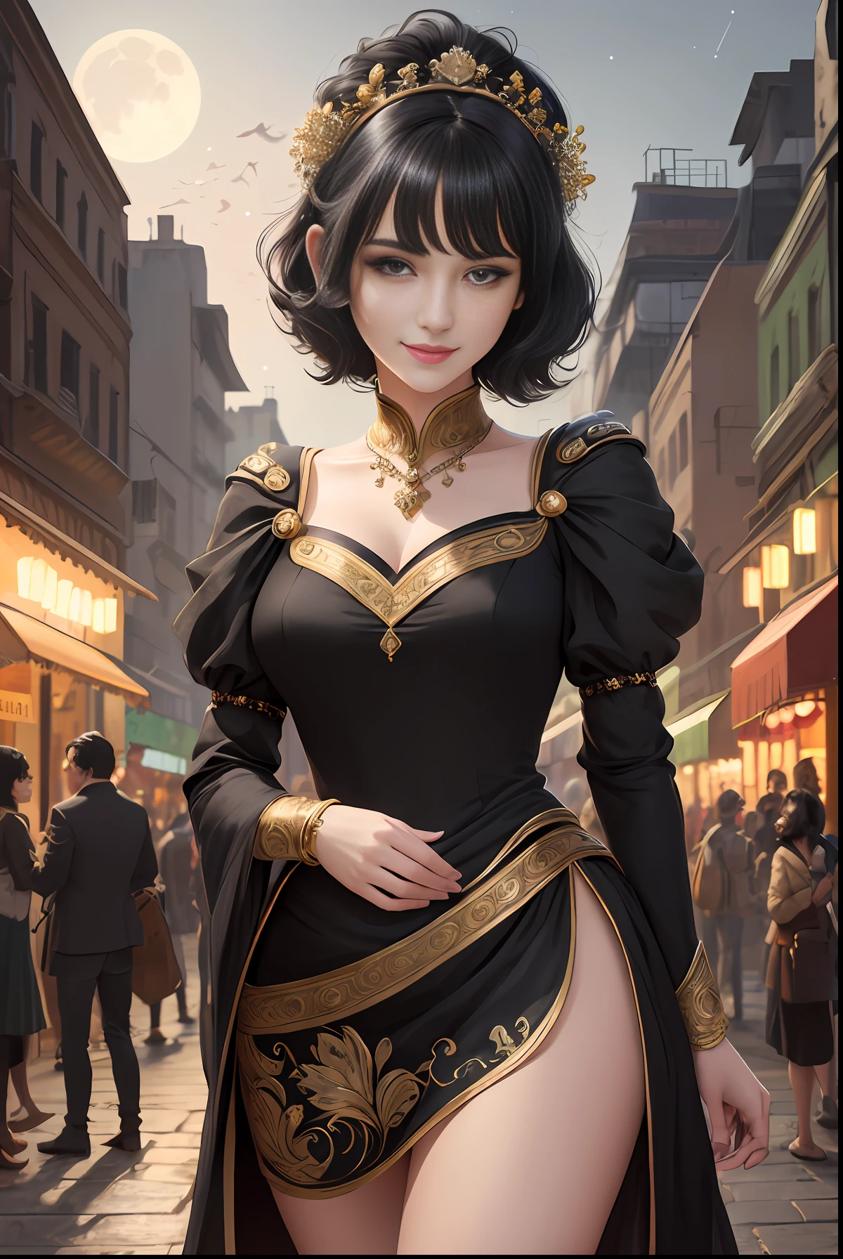 masterpiece, best quality, ultra-detailed, illustration,(halfbody shot,street,moon lamps),Masterpiece, 1girl, solo exhibition, beautiful woman on the bustling street, surrounded by hawkers, beautiful goddess girl portrait, beautiful and detailed face, porcelain skin, (((bust shot, center, night, black hair, short hair)), super soft lighting, symmetry, complexity, elegance, high detail, realism, art, concept art, smile, fantasy clothes