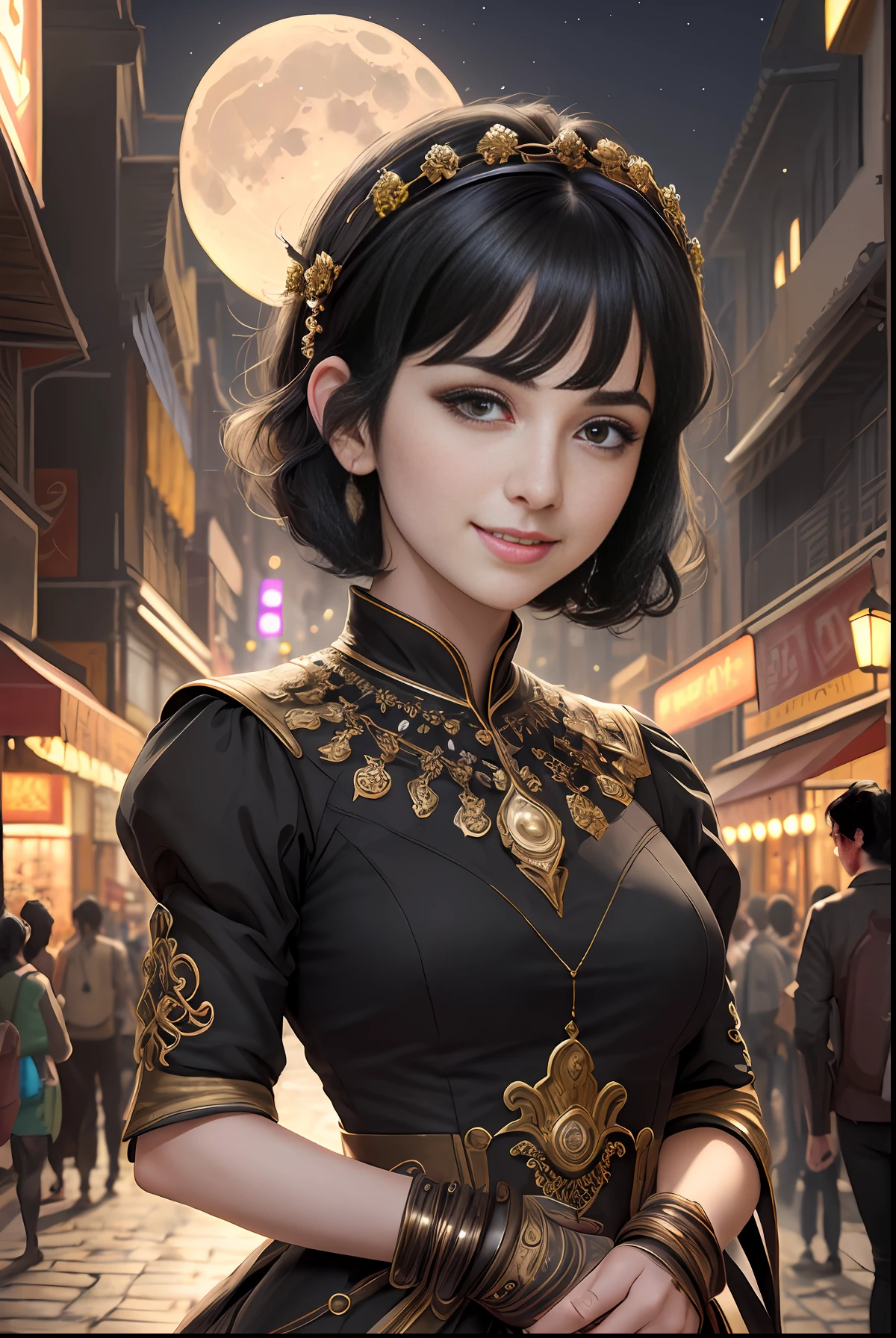 masterpiece, best quality, ultra-detailed, illustration,(halfbody shot,street,moon lamps),Masterpiece, 1girl, solo exhibition, beautiful woman on the bustling street, surrounded by hawkers, beautiful goddess girl portrait, beautiful and detailed face, porcelain skin, (((bust shot, center, night, black hair, short hair)), super soft lighting, symmetry, complexity, elegance, high detail, realism, art, concept art, smile, fantasy clothes