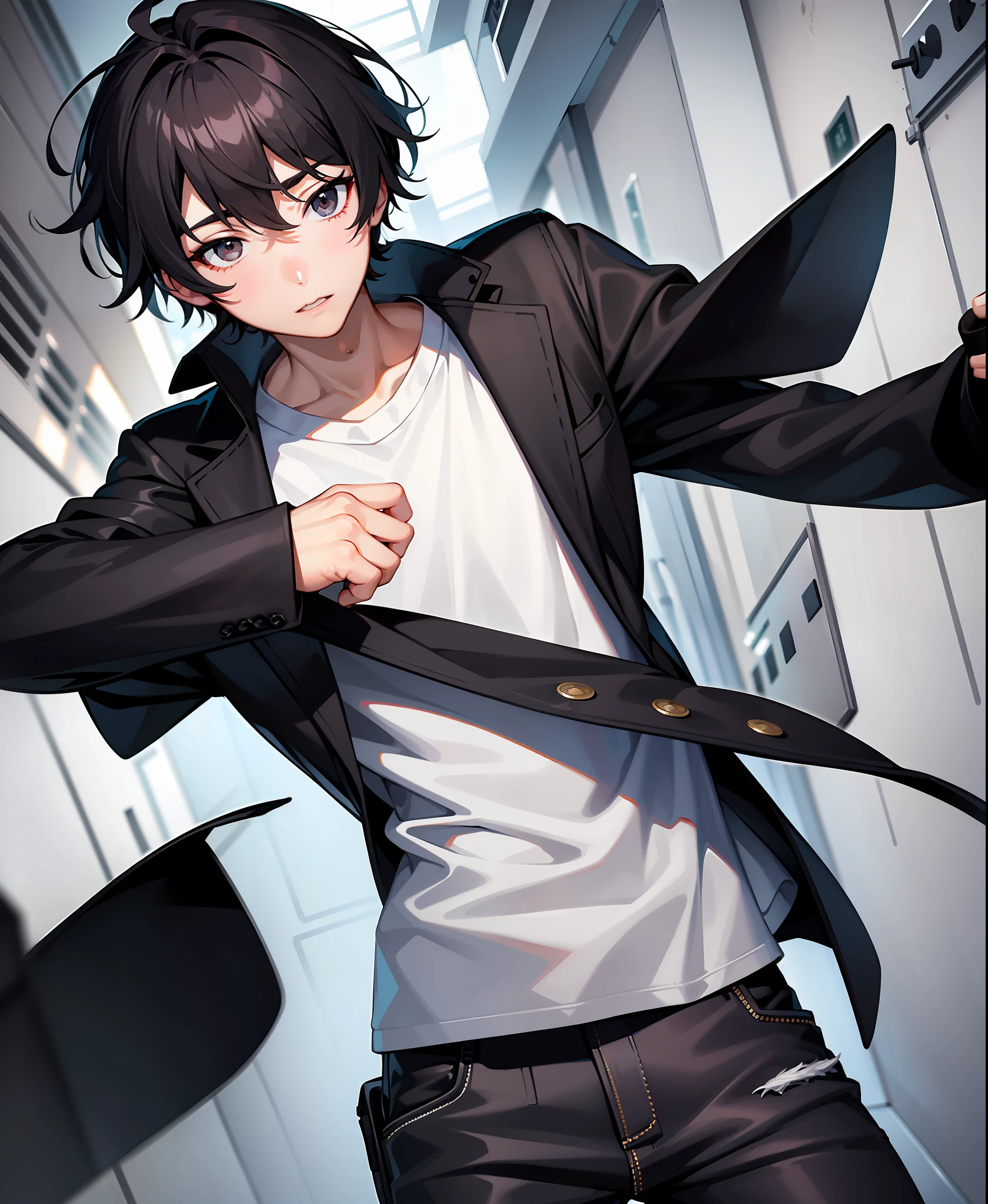 masterpiece, 1boy, solo, black hair, gray eyes, jacket, white shirt, black jeans,