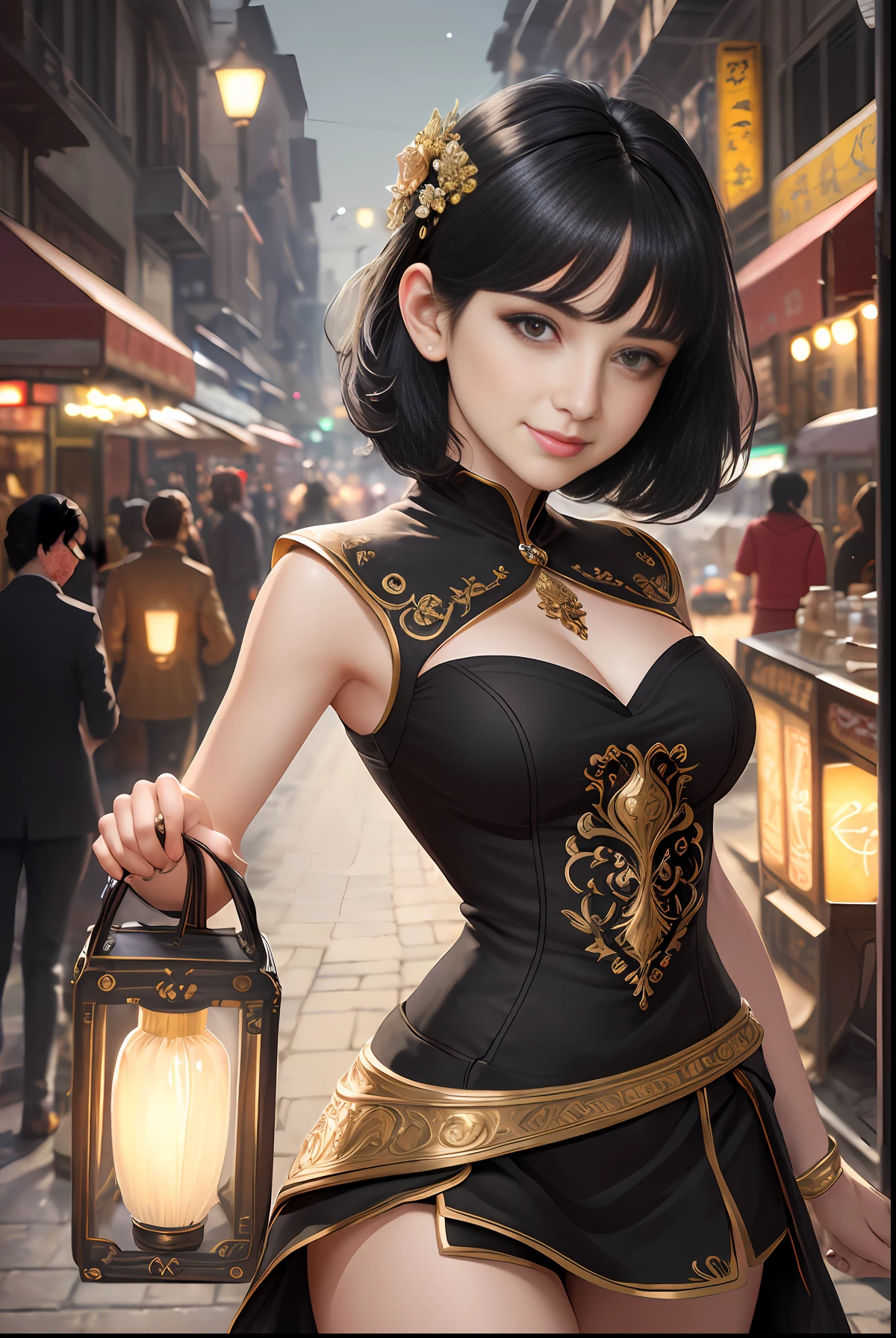 masterpiece, best quality, ultra-detailed, illustration,(halfbody shot,street,moon lamps),Masterpiece, 1girl, solo exhibition, beautiful woman on the bustling street, surrounded by hawkers, beautiful goddess girl portrait, beautiful and detailed face, porcelain skin, (((bust shot, center, night, black hair, short hair)), super soft lighting, symmetry, complexity, elegance, high detail, realism, art, concept art, smile, fantasy clothes