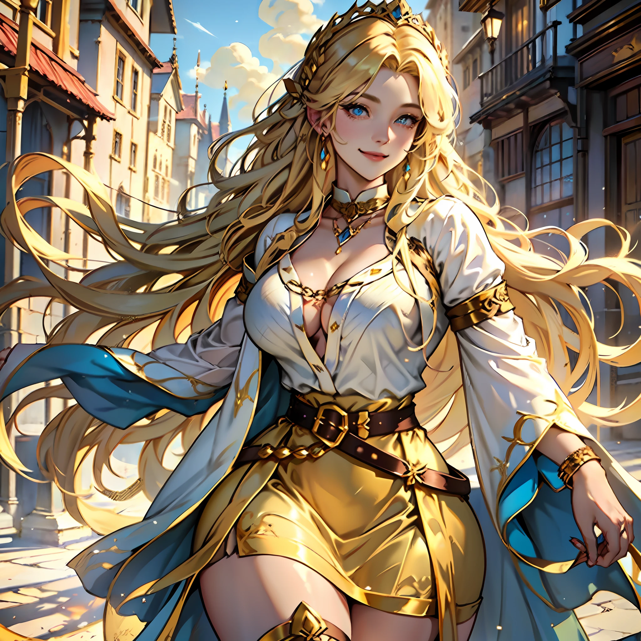 Long blonde hair, noble clothes, princess robes, beautiful woman, smile, burnt yellow dress, tight white blouse, golden belt, lilac blouse, large breasts, curvy woman, thin waist, thick legs, female boots of burnt yellow color, golden necklace, light blue colored eyes, burnt yellow skirt, fantasy medieval city.