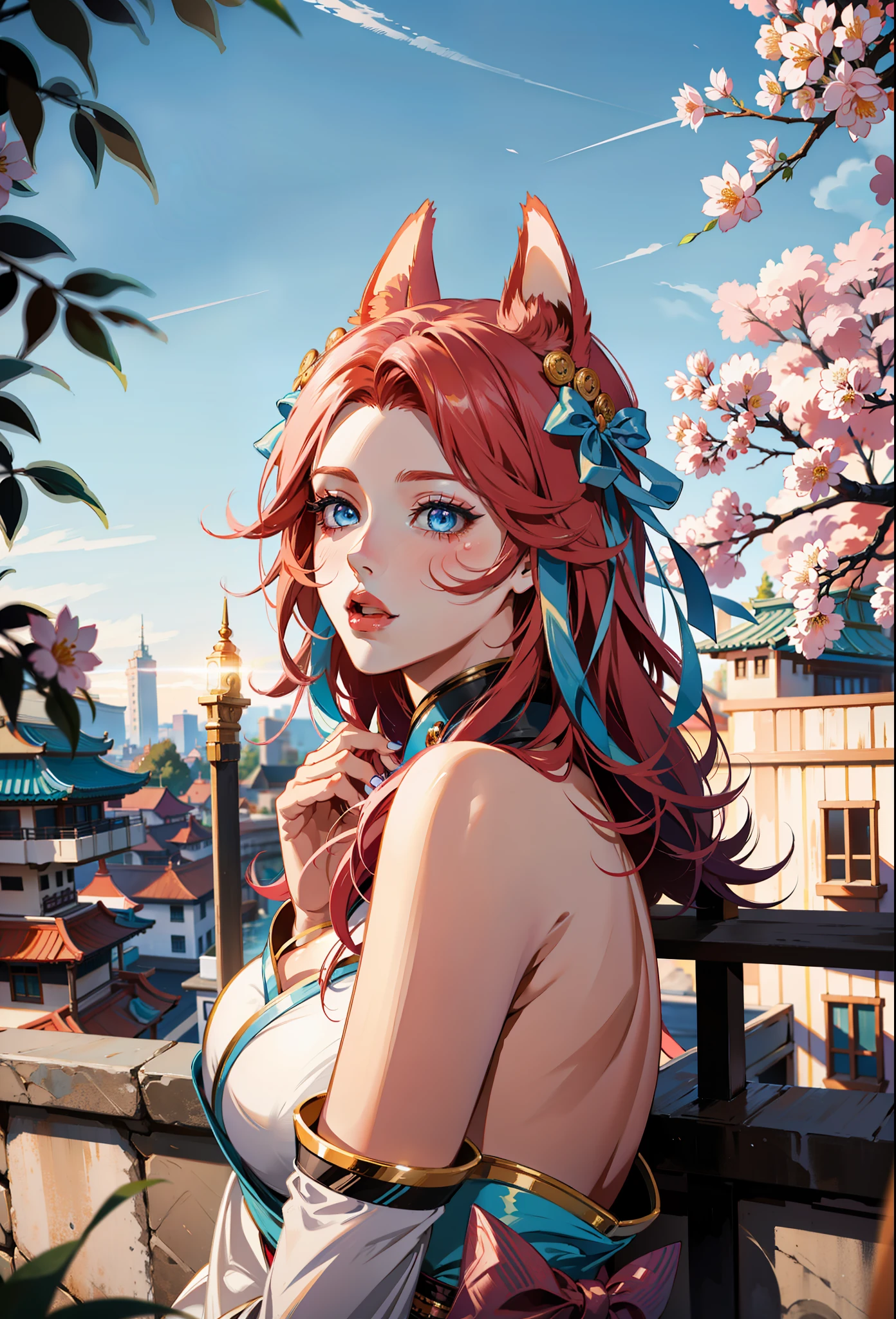 (masterpiece),(best quality:1.0), (ultra highres:1.0), detailed illustration, 8k, anime, 1girl, Ahri1, Spirit Blossom Ahri, pretty face, detailed face, beautiful eyes, detailed eyes, blue eyes, bright red lips, red lipstick, pink hair, two-toned hair, kinono, kitsune, kitsune ears, beautiful stylish hair, highlights in hair, (league of legends), highly detailed