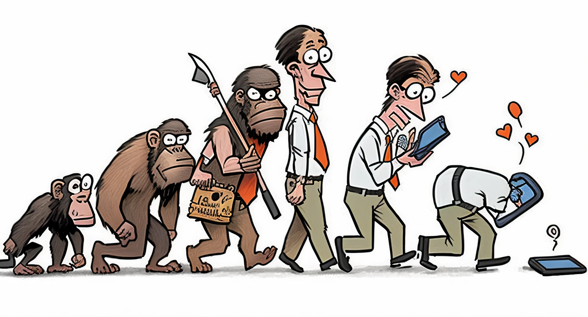 cartoon of a man and a woman walking in a line with a man holding a phone, evolution of man, human evolution, evolution, in style of primal apes, cartoon image, speculative evolution, by Robert Noble, ben garrison comic, transhumanist evolution, neanderthal people, by Kev Walker, by Joe Bowler, by Bob Singer