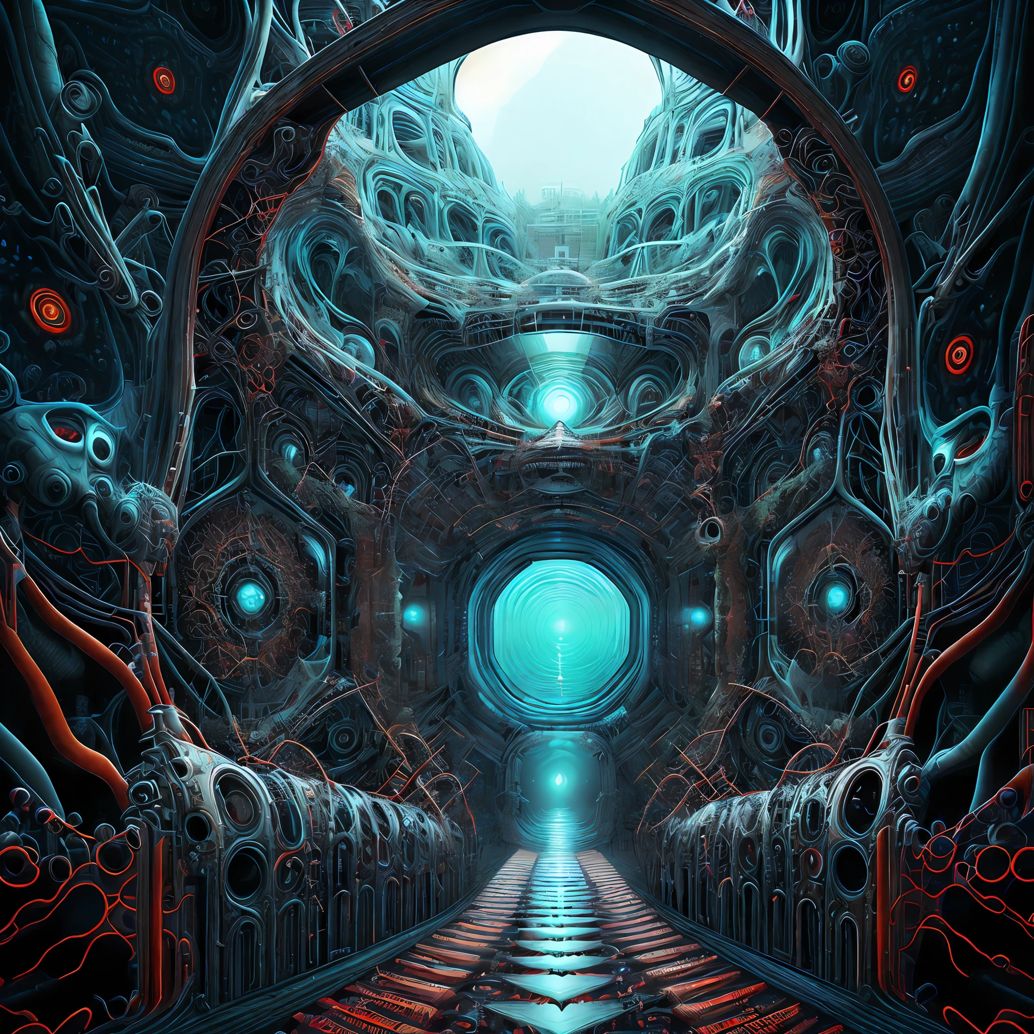 Place of horror within the Quantum Realm. Mechanical biomorphism of horror. Intricate detail, maximalist perfect illustration, digital painting art