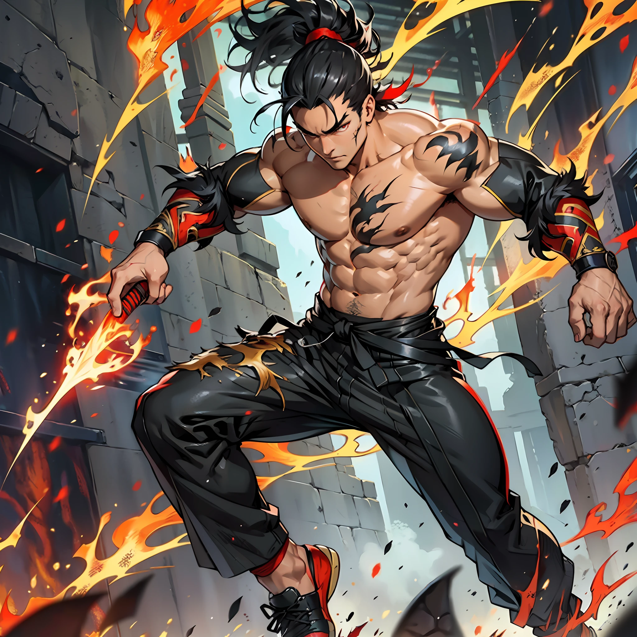 Muscular man, samurai, black hair, ponytail, shirtless, long black pants, kung fu shoes, burn marks, scars on the body, indifferent look, red colored eyes, fire creatures around, flaming creatures fantasy, arena, flames in the hands.