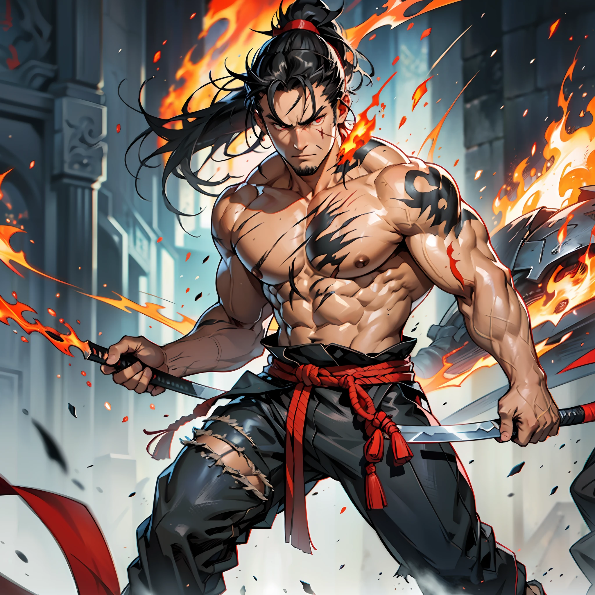 Muscular man, samurai, black hair, ponytail, shirtless, long black pants, kung fu shoes, burn marks, scars on the body, indifferent look, red colored eyes, fire creatures around, flaming creatures fantasy, arena, flames in the hands.