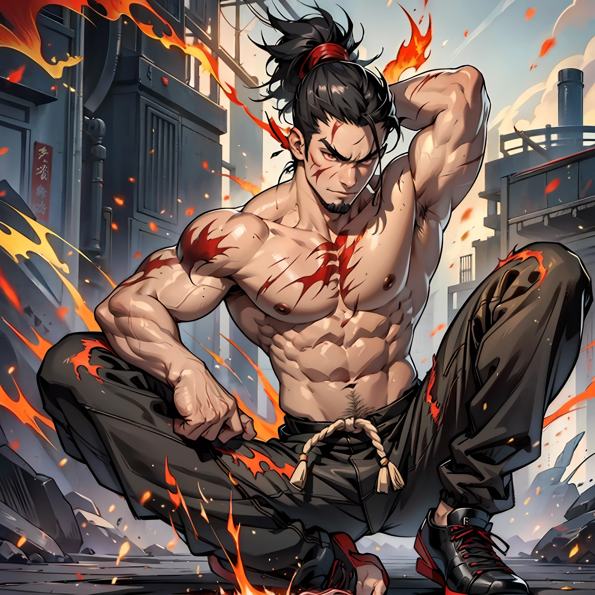 Muscular man, samurai, black hair, ponytail, shirtless, long black pants, kung fu shoes, burn marks, scars on the body, indifferent look, red colored eyes, fire creatures around, flaming creatures fantasy, arena, flames in the hands.