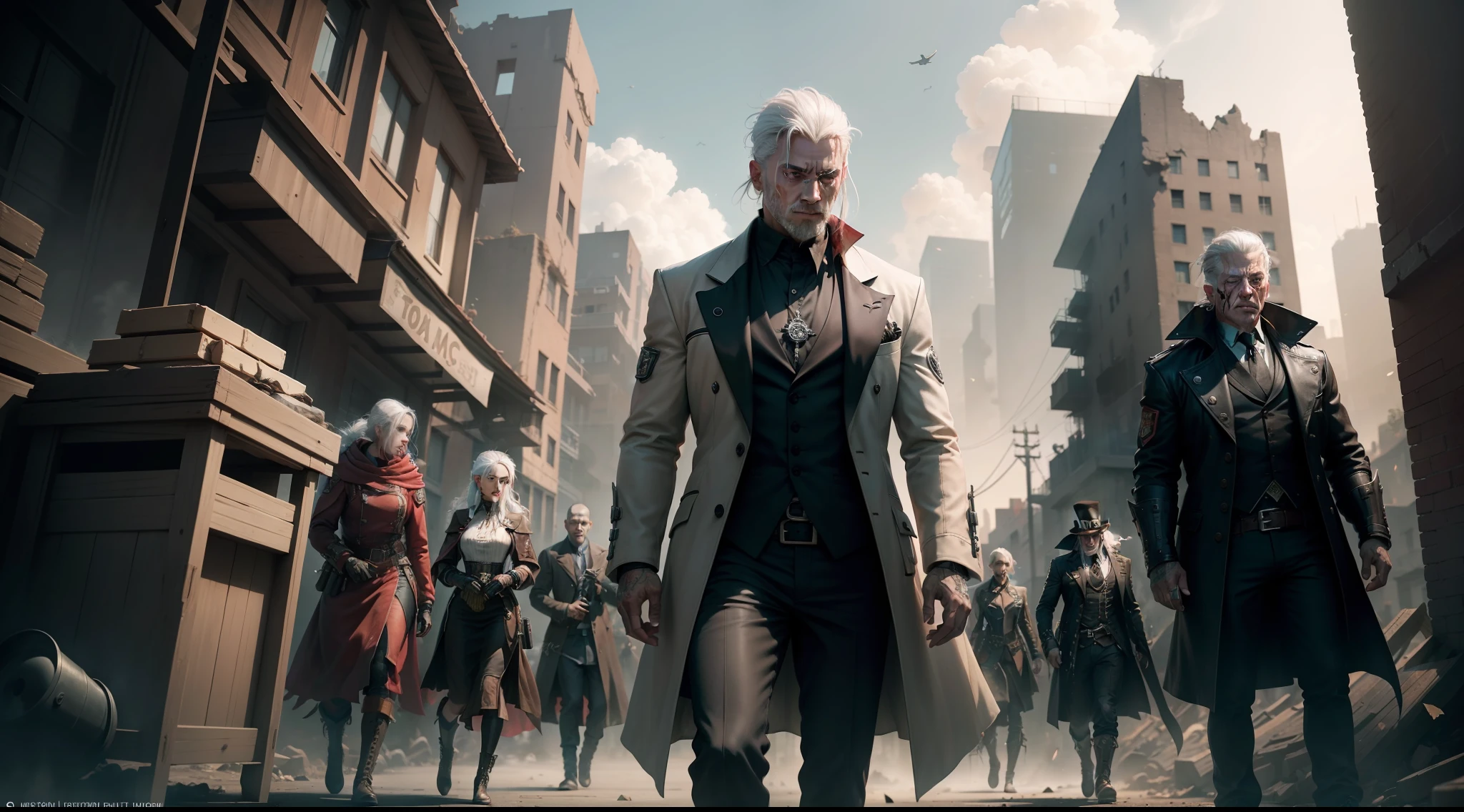/imagine prompt: illustration of White haired gang members covered in blood are sleeping in the ruins, dying ,The elderly gangster is on the verge of death::17, There are many Steampunk pigs in the background::15, There are explosions and thick smoke around::15, The man with white hair is covered in blood::20, diagonal composition::5, first-person view::12, Unreal Engine::10, Studio light::14, Cinematic light::11, Cyberpunk light::10, Fantasy::6, Cinematic::9, hyper quality::6, Futuristic Robots::10, Steampunk::19 --seed 252441588 --s 600 --q 2 --c 40