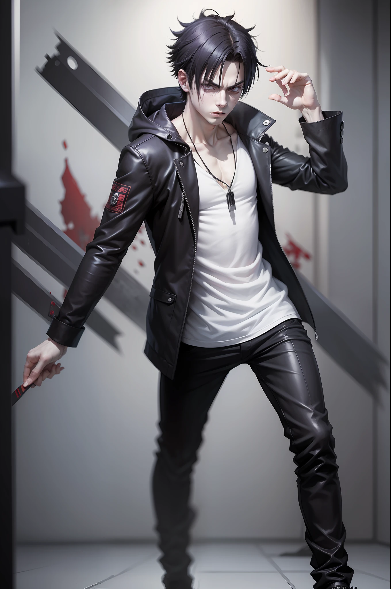 (best quality, masterpiece), 1guy, solo, young, pale skin, bruises under the eyes, dark modern clothes, dynamic pose, Staz (Blood Lad), blurred background, full body