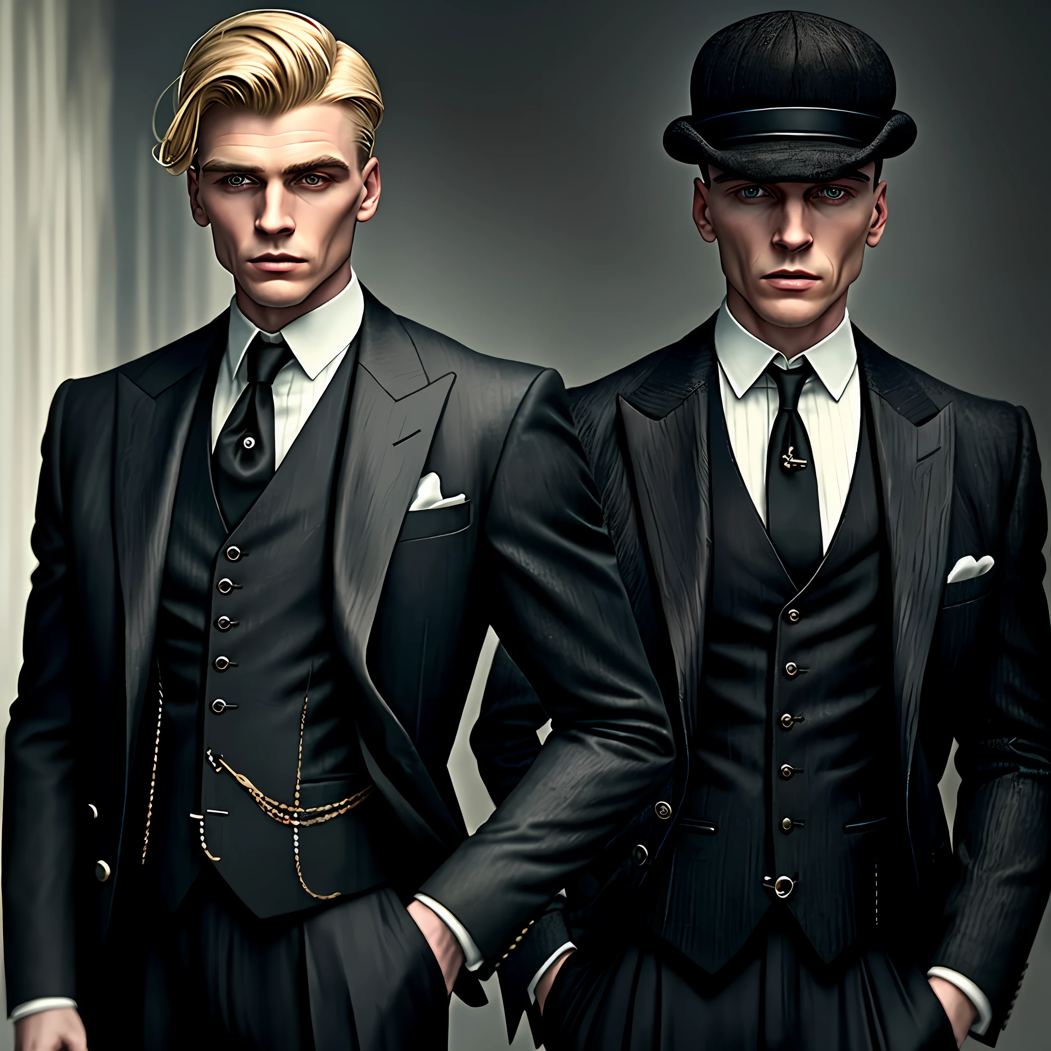 (Realistic, 8k, only one person) 22 year old man, slicked back greased blonde hair, 1920 fashioned peaky blinders style, three piece black suit,