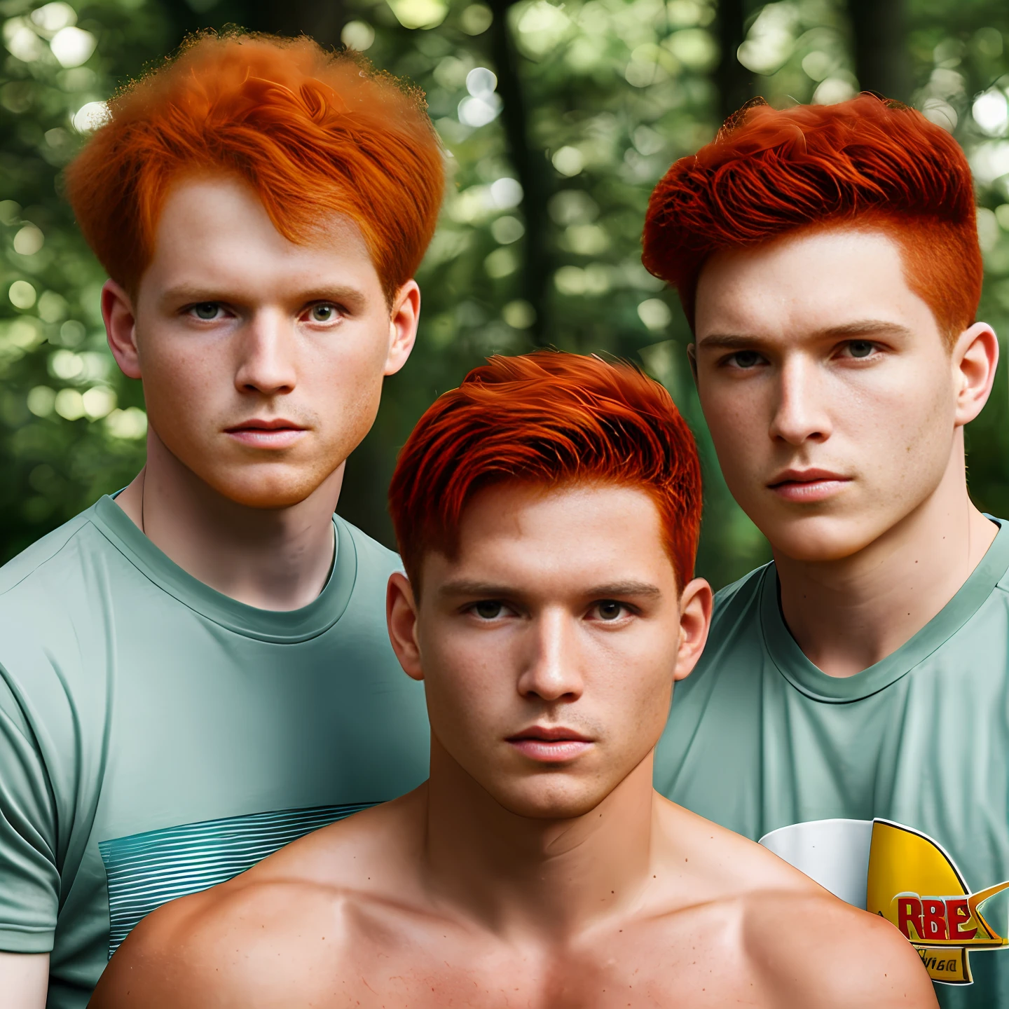 ((((three red-haired men together))))), ((shaved hair)), Bokeh, raw, ((detailed and realistic face)), wide medium shot, outdoor magazine cover photo, (extreme skin details), sexy trio of male models wearing Nike cropped, skinny (((20yo red-haired men)))), ultra realistic, rule of thirds, dramatic aerial lighting, detailed face, beautiful, shallow depth of field, intricate details, God rays, light leaks, realistic, ultra realistic,