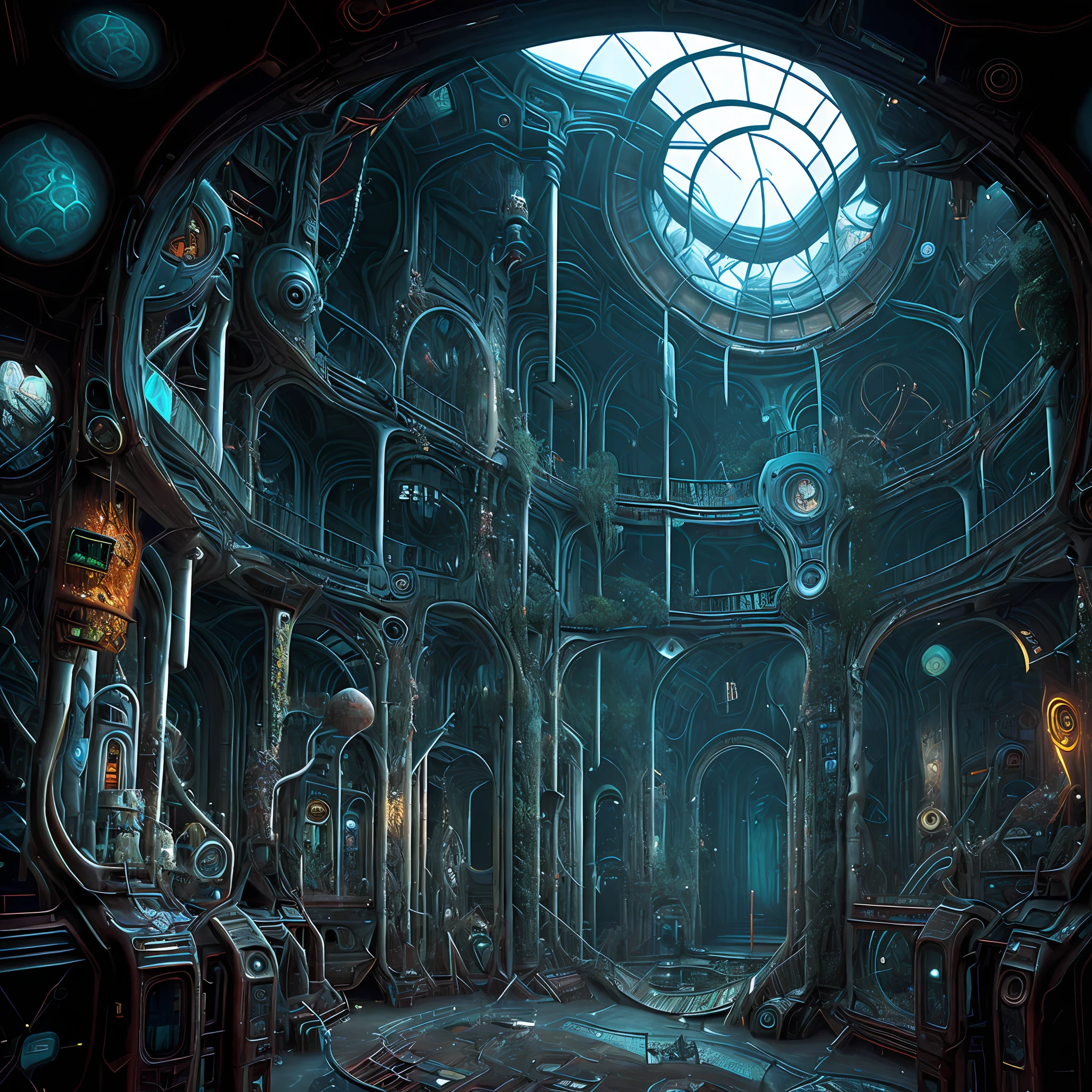 horror place inside of quantic Kingdom. Biomorphic mechanical madness, horror art. Intrincated detailed, maximalist perfect illustration, digital painting art