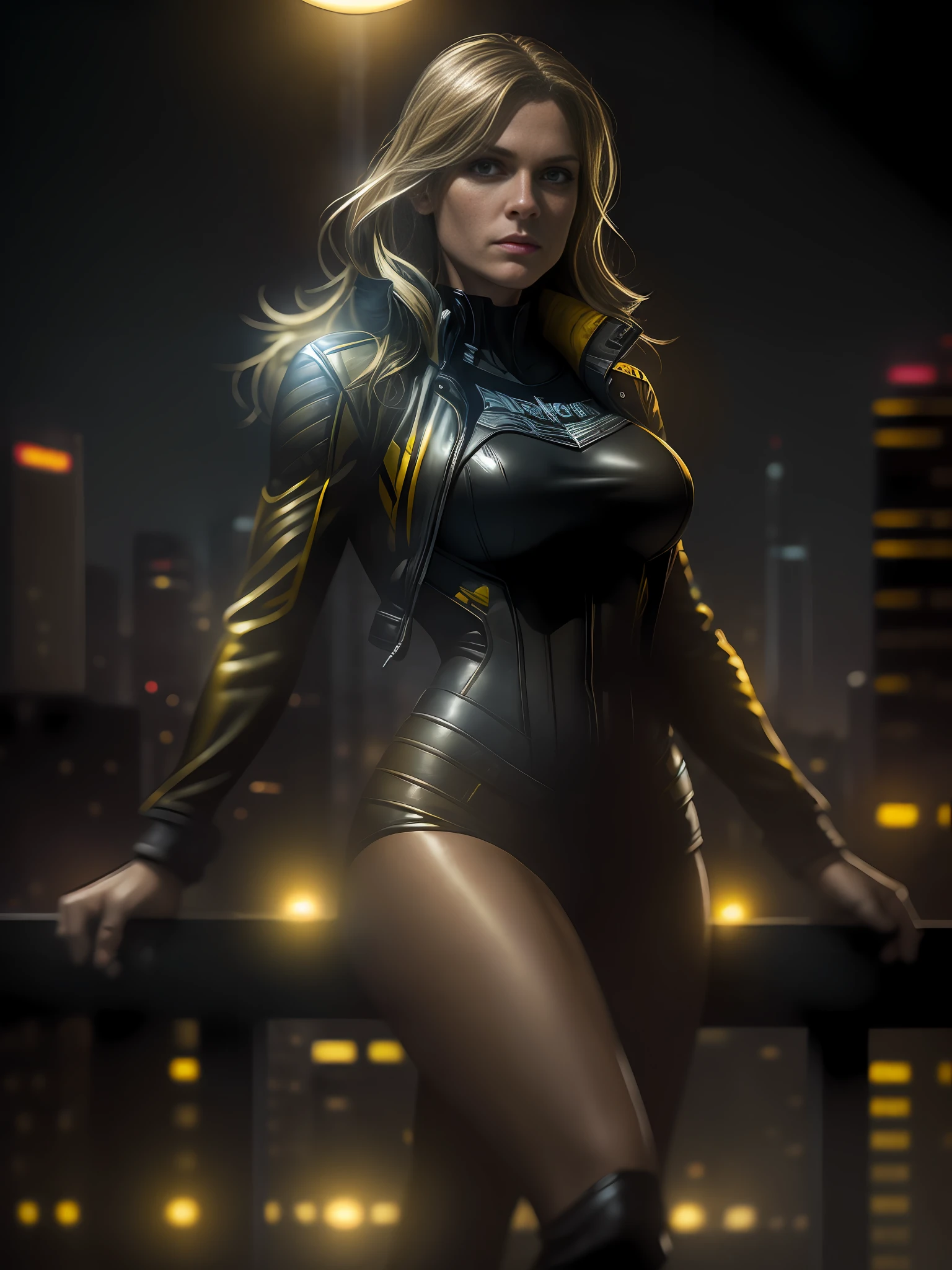 (most realistic, high-quality) depiction of Katie Sackhoff as Black Canary (wearing the classic yellow and black costume), standing on a rooftop with city skyline behind them, with a film noir vibe and gritty atmosphere, capturing their heroic and edgy personalities.