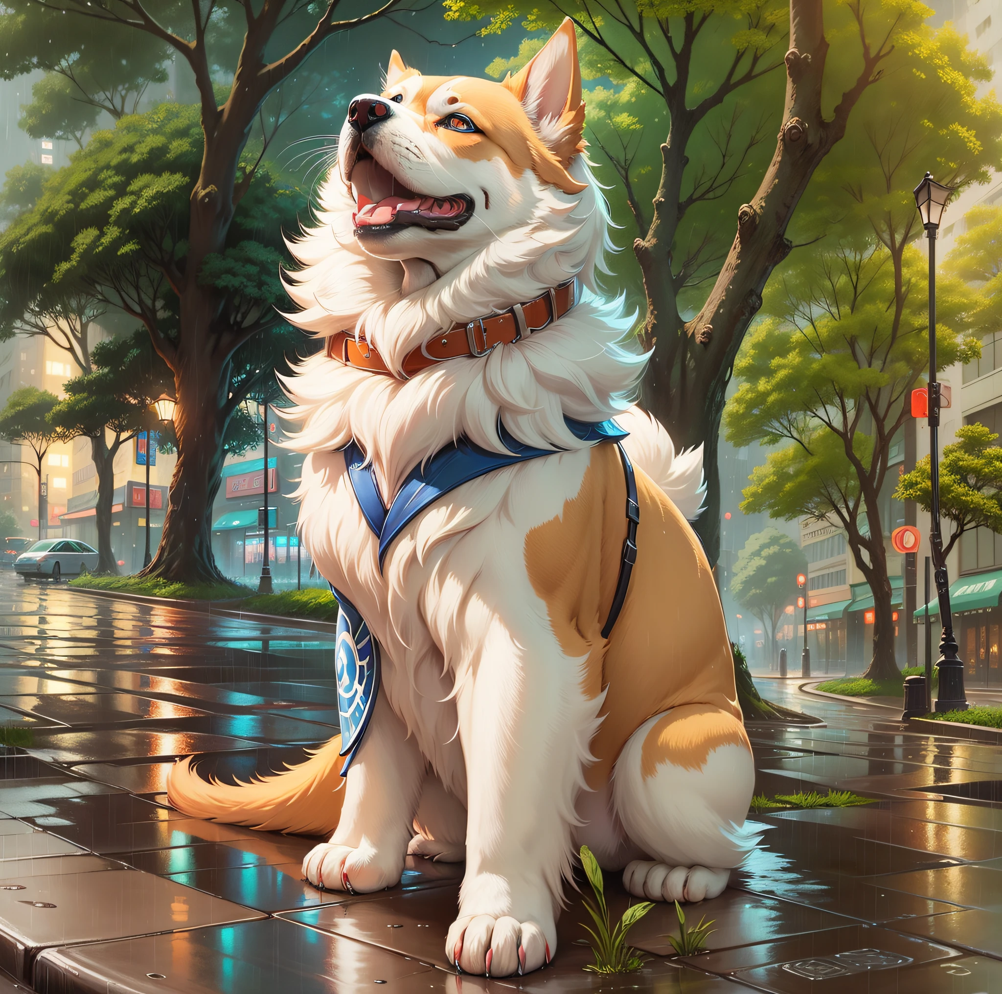 (Artwork), exceptional quality, incredibly detailed Japanese anime illustration, elegant visuals in soft tones, striking drawing of a Pokémon dog with vibrant blue eyes, rainy city background with neon lights, modern atmosphere embellished by rain and reflections.