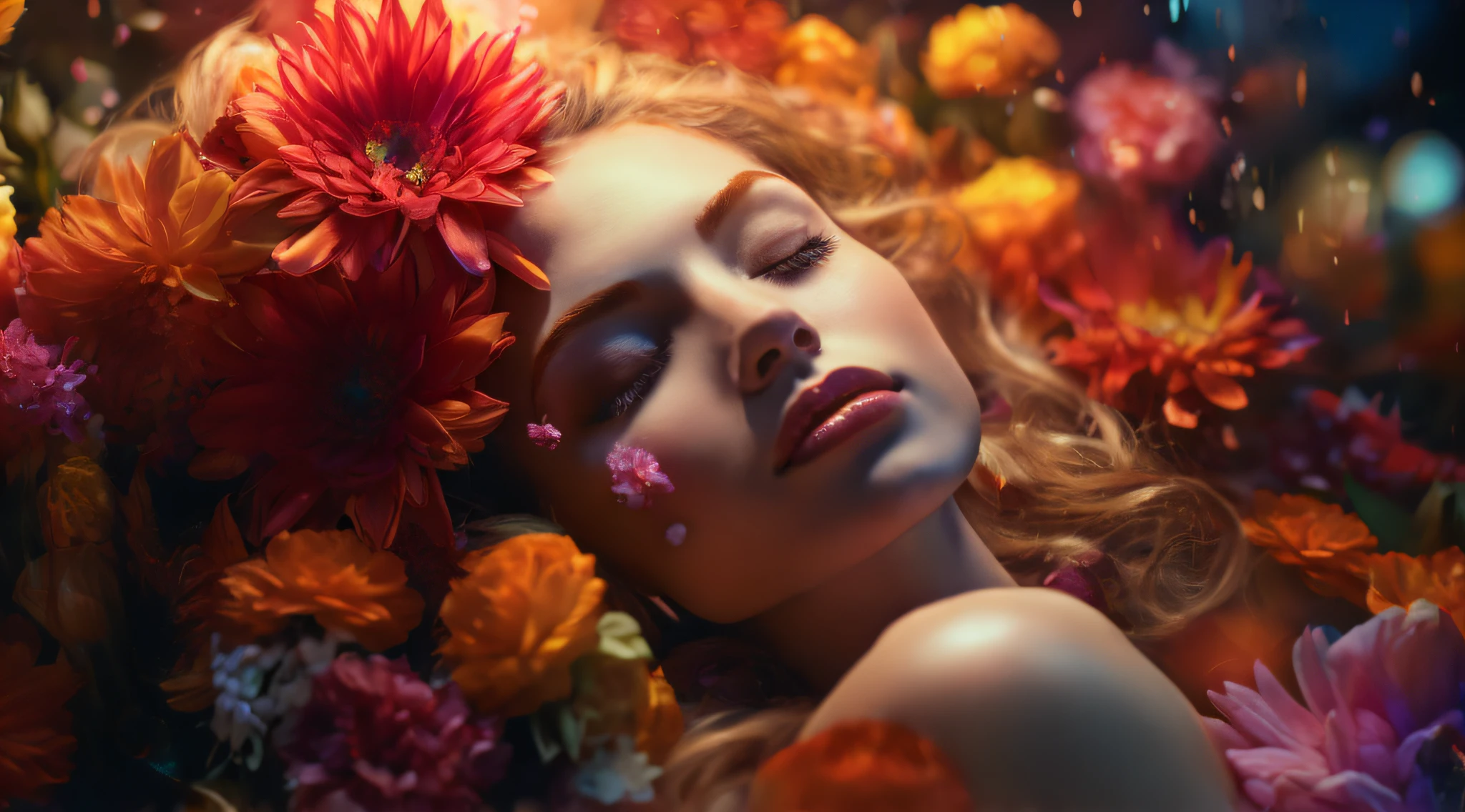 A close-up of a woman's face, with her eyes closed and surrounded by a vibrant burst of blooming flowers, symbolizing her inner strength and resilience that blossoms in the face of adversity. 8K. RAW image. High quality. High resolution image. Fine-art print. Stock photo. HQ. Intricate details. Sharp details. Beautiful. Cinematic lighting. Hyper-maximalist, hyper-detailed. Award-winning fashion photography. Clean sharp focus. Significant textile textures. Crystal clear feel. Clean sharp focus. Fashion magazine photography. Advertising photography. High Quality. --ar 16:9 -