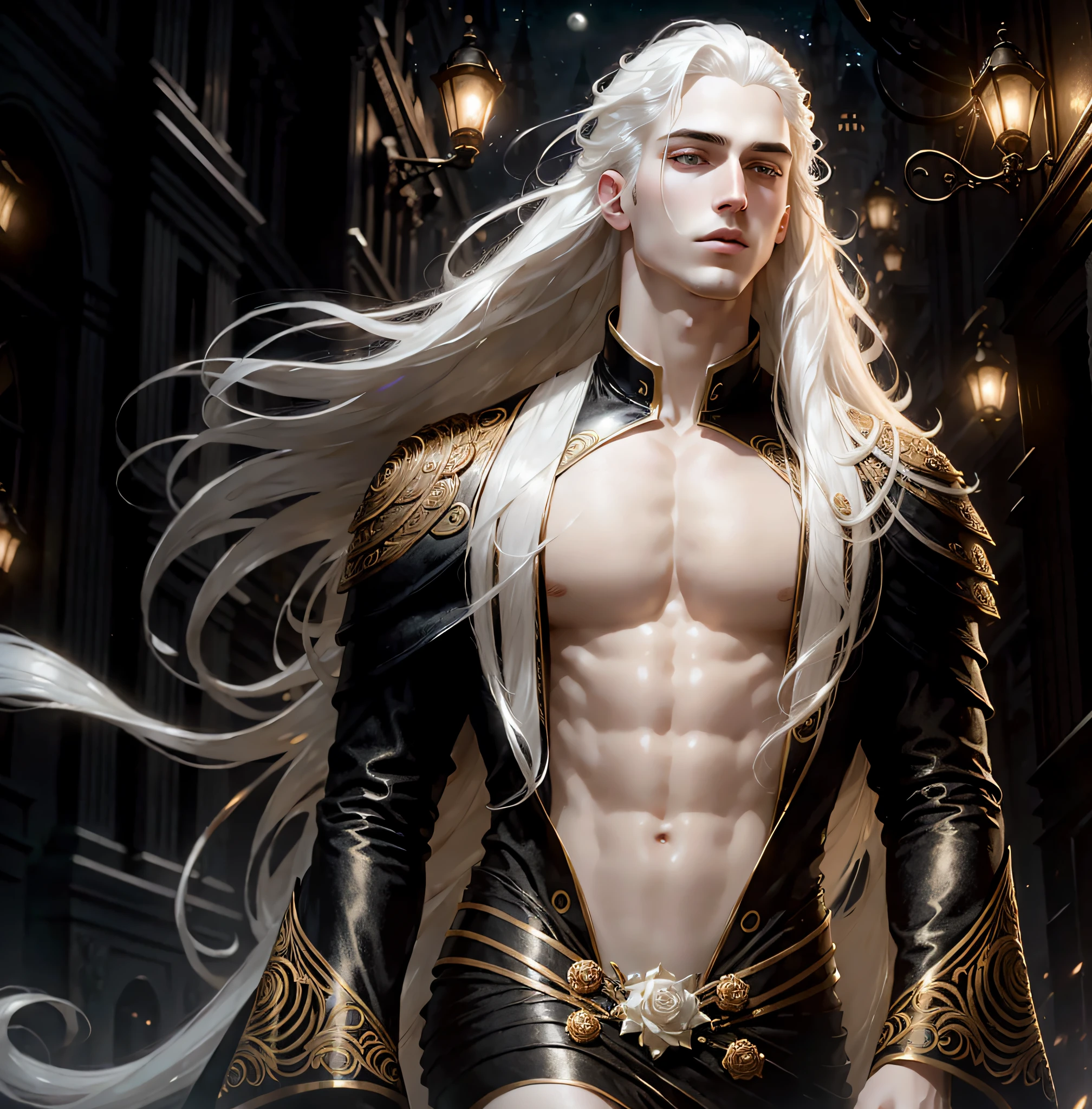 masterpiece, highest quality, (solo focus), (perfect face:1.1), (high detail:1.1),dramatic, 1guy, (pale skin), long white hair, white eyes, [light eyebrows], solo, long hair, moon, night, black luxury g String, covered navel, pouty lips, covered, futuristic city, detailed background, art by artgerm and greg rutkowski, cinematic lighting, roses, fashion, BalenciagaStyle