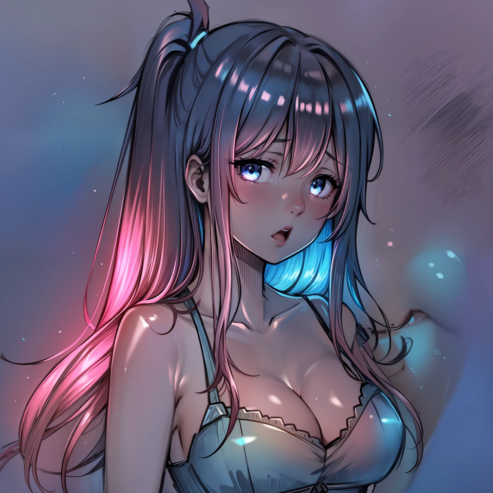 glowart: 1.0), (bright, sketch, drawing: 1.0), 1girl, bangs, blue eyes, blush, collarbone, hair between eyes, long hair, looking at the viewer, bra, open mouth, pink hair, portrait, shiny, shiny hair, side ponytail, solo, wet, wet hair