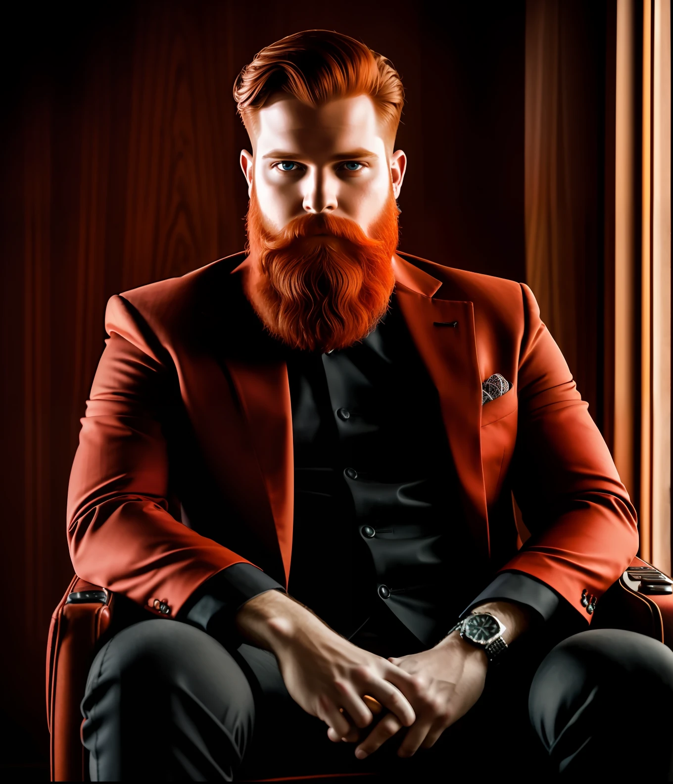 portrait of man sitting in armchair, beards, red hair, intricate details, perfect features, dramatic, cinematic lighting, accent lighting, SSAA, smooth rendering, no noise, no lazy prompts