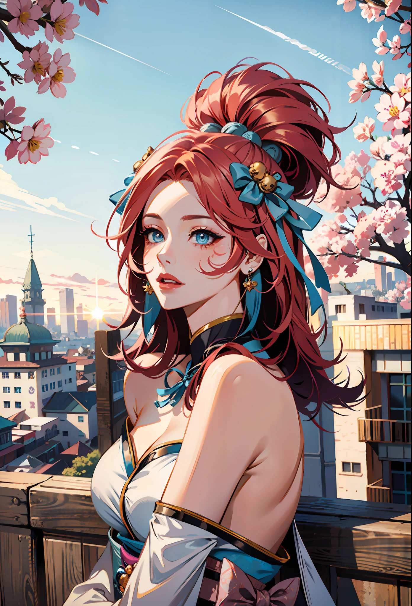 (masterpiece),(best quality:1.0), (ultra highres:1.0), detailed illustration, 8k, anime, 1girl, Ahri1, Spirit Blossom Ahri, pretty face, detailed face, beautiful eyes, detailed eyes, blue eyes, bright red lips, red lipstick, pink hair, two-toned hair, kinono, kitsune, kitsune ears, beautiful stylish hair, highlights in hair, (league of legends), highly detailed