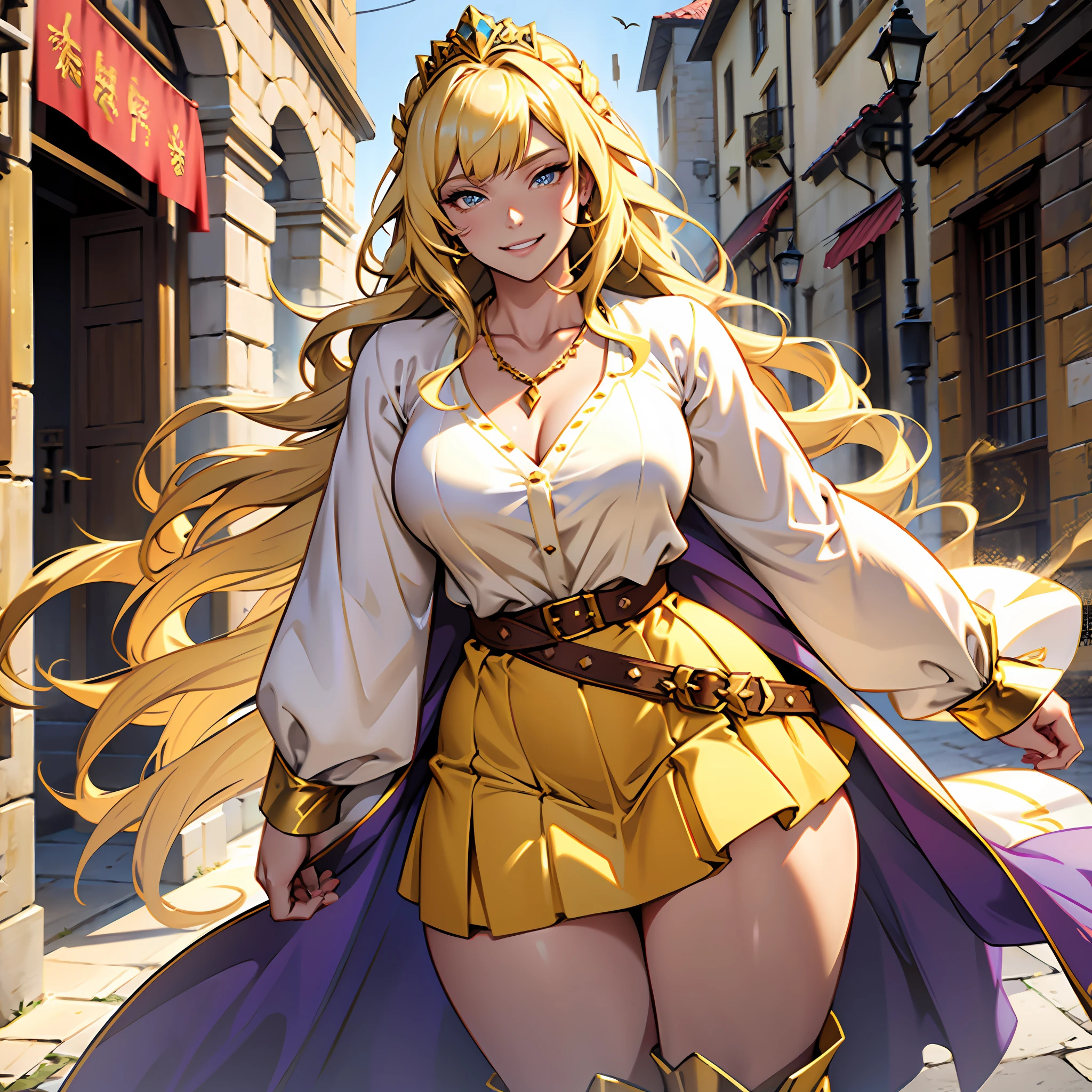 Long blonde hair, noble clothes, princess robes, beautiful woman, smile, burnt yellow dress, tight white blouse, golden belt, lilac blouse, large breasts, curvy woman, thin waist, thick legs, female boots of burnt yellow color, golden necklace, light blue colored eyes, burnt yellow skirt, fantasy medieval city.