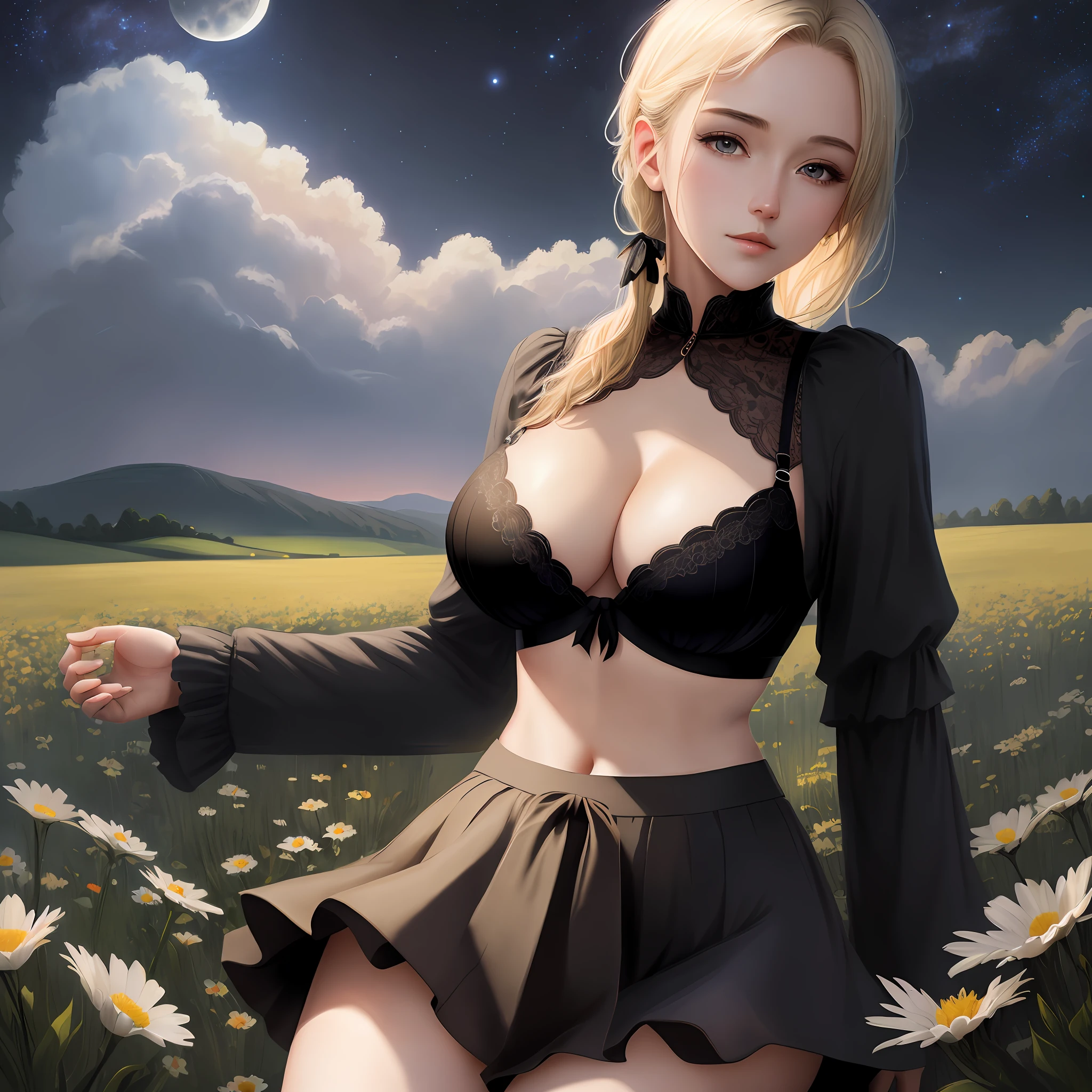 Masterpiece, 4k, extremely detailed, single girl, flowery field, evening sky, moonlight, large breasts, space between breasts, short shirt, thin shirt, black bra, tied hair, blonde hair, skirt,