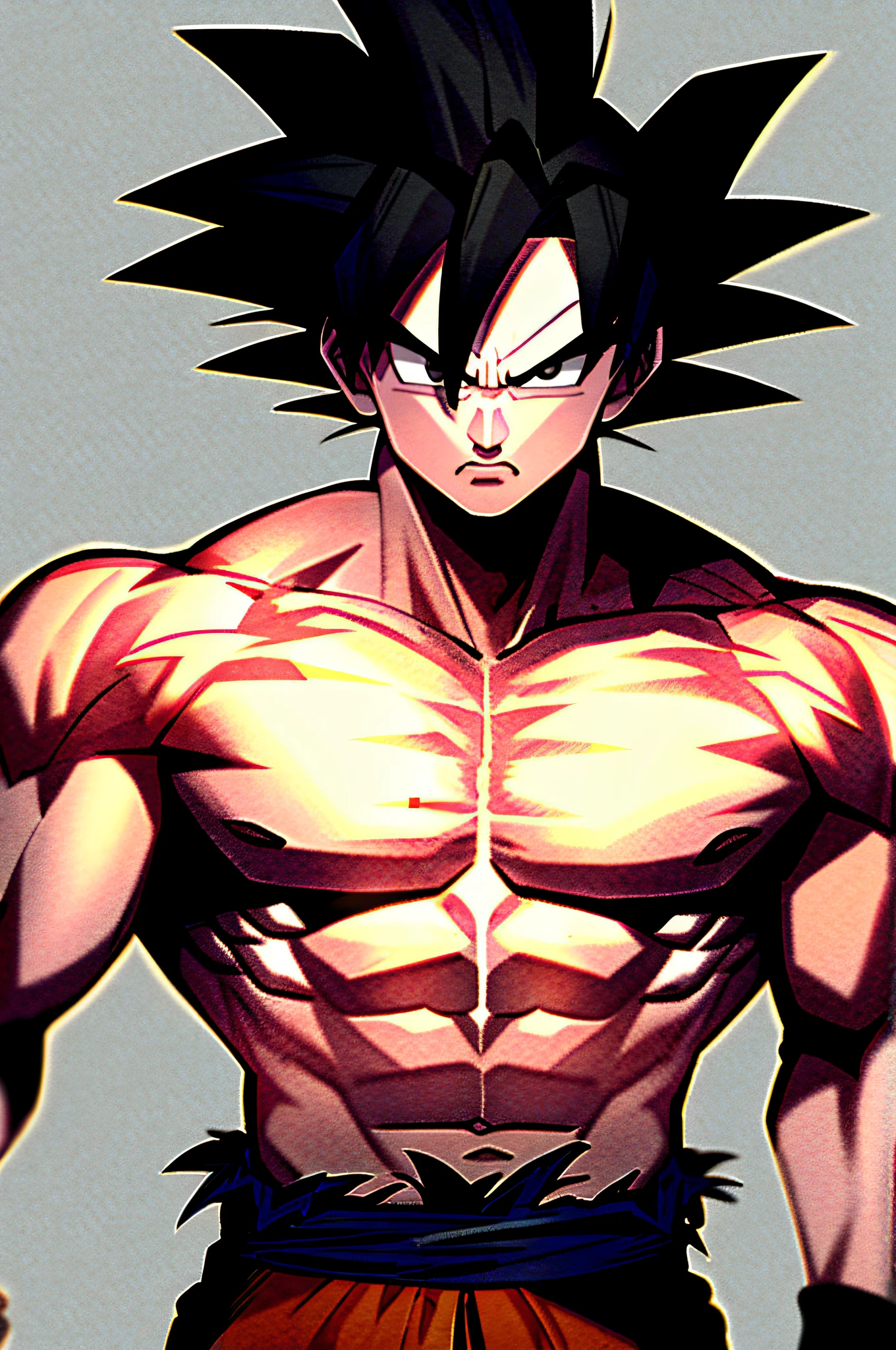 son goku, 1boy, mouth closed, male focus, muscular, muscular male, rock, track, serious, solo, spiked hair,  male, torn clothes, ultra instinct, black eyes, hair LOIRO, ((masterpiece))