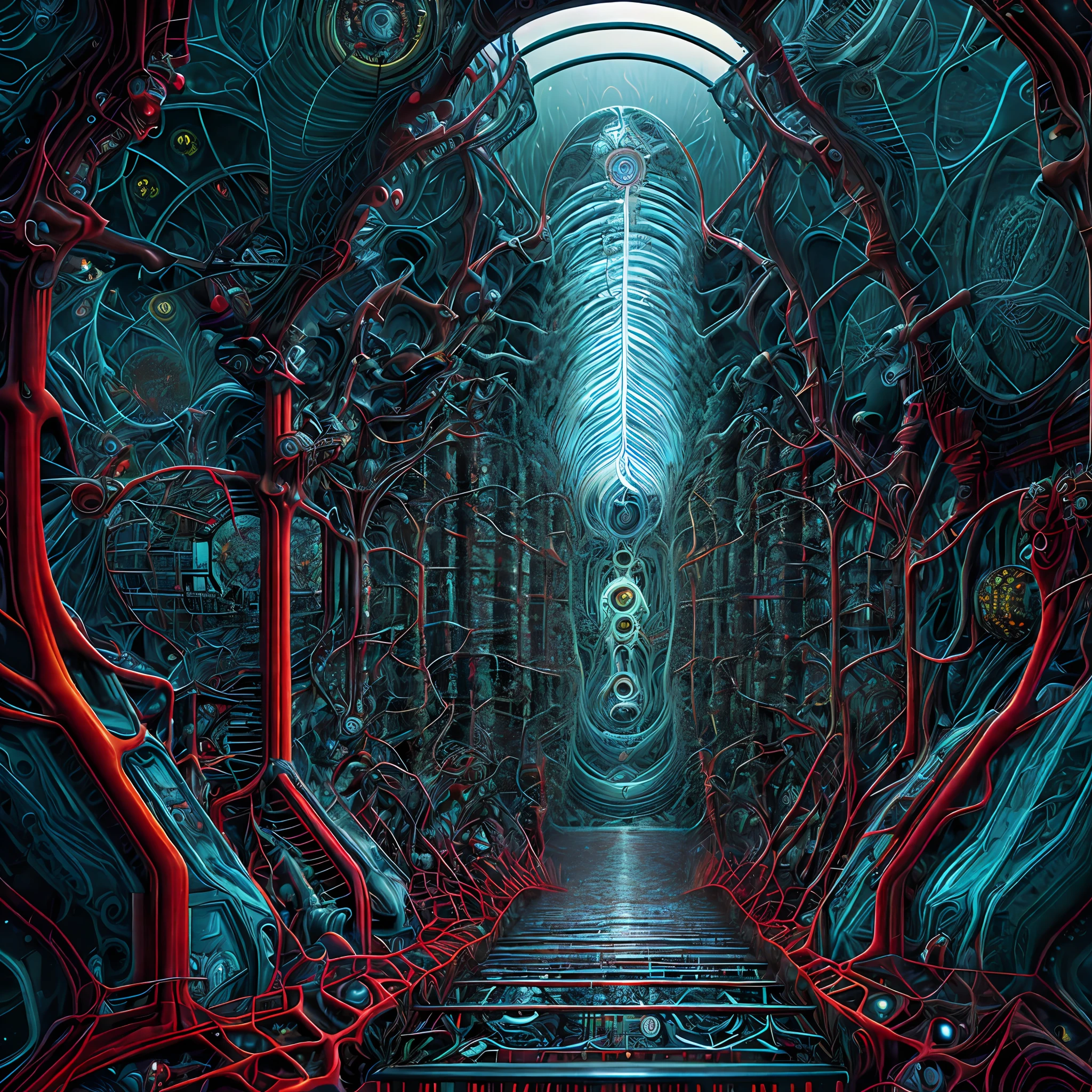 Place of horror within the Quantum Realm. Mechanical biomorphism of horror. Intricate detail, maximalist perfect illustration, digital painting art