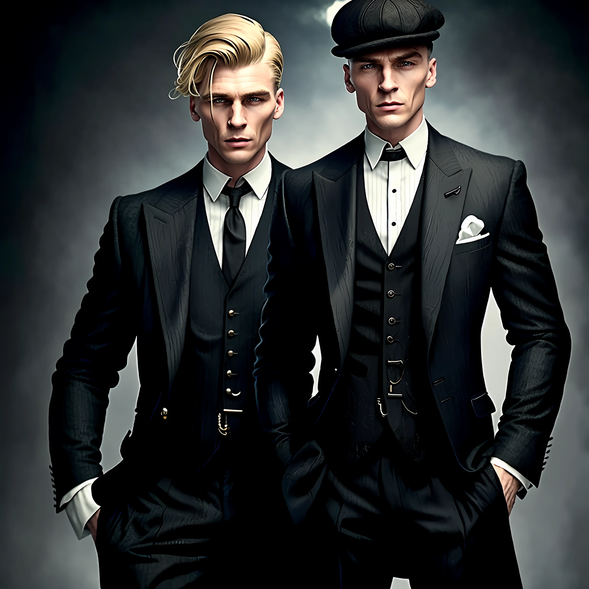 (Realistic, 8k, only one person) 22 year old man, slicked back greased blonde hair, 1920 fashioned peaky blinders style, three piece black suit,