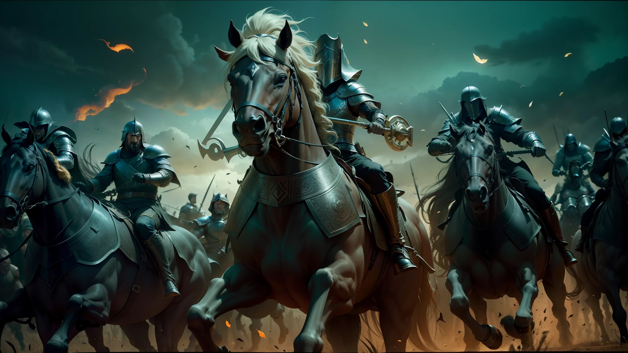 arafed image of a group of men riding horses in a field, unreal engine 5 showcase, in screenshot from the 300 movie, cate blanchett as medieval queen, metal album cover art, arabic orc, still from a music video, grimdark vibes, siege, trench crusade, holy imagery, by Kamāl ud-Dīn Behzād