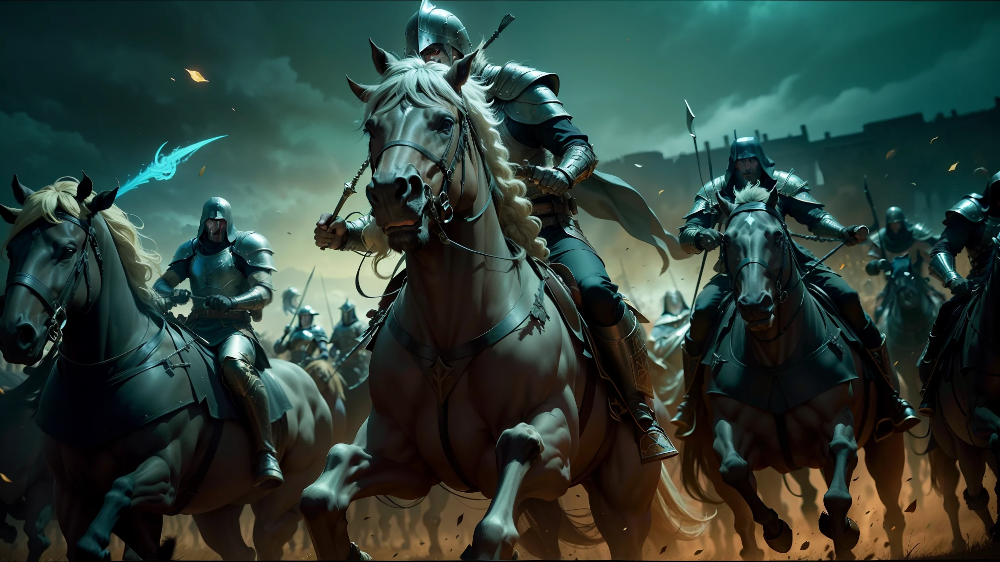 arafed image of a group of men riding horses in a field, unreal engine 5 showcase, in screenshot from the 300 movie, cate blanchett as medieval queen, metal album cover art, arabic orc, still from a music video, grimdark vibes, siege, trench crusade, holy imagery, by Kamāl ud-Dīn Behzād