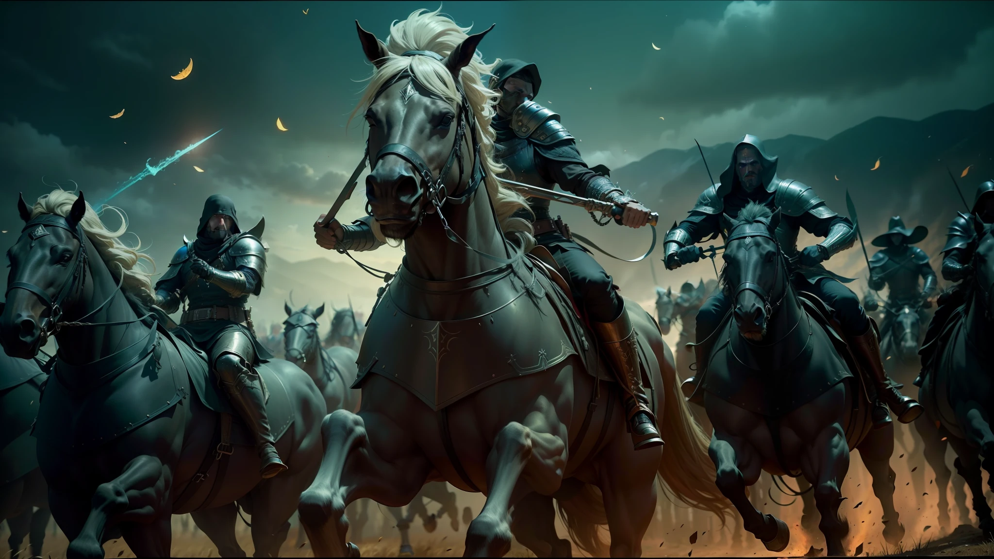 arafed image of a group of men riding horses in a field, unreal engine 5 showcase, in screenshot from the 300 movie, cate blanchett as medieval queen, metal album cover art, arabic orc, still from a music video, grimdark vibes, siege, trench crusade, holy imagery, by Kamāl ud-Dīn Behzād