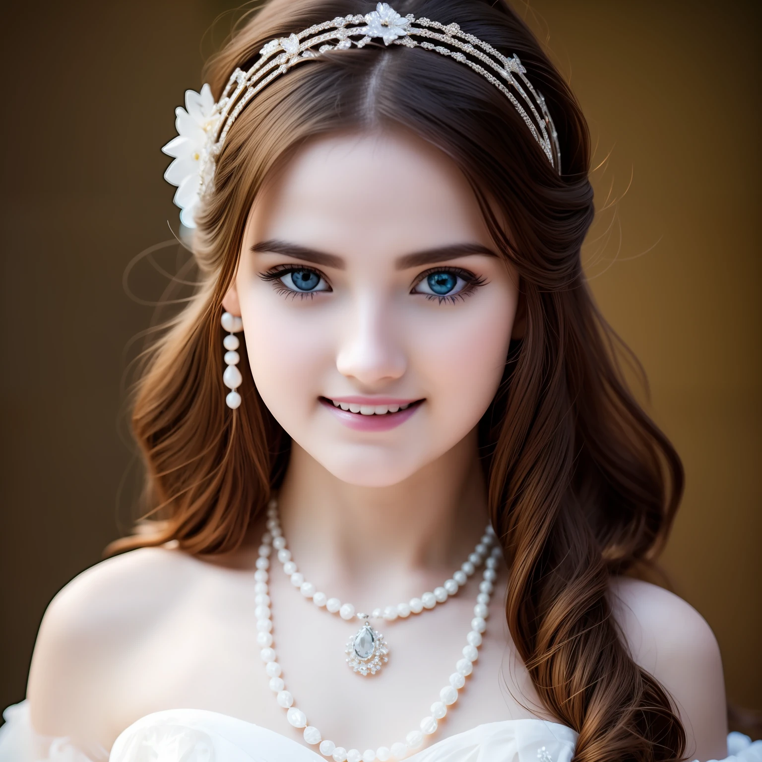 Top quality, masterpiece, high resolution, girl single, porcelain dress, hair accessories, necklace, jewelry, beautiful face, physical, tyndall effect, realistic, dark studio, rim lighting, duotone lighting, (high detail skin: 1.2), 8k uhd, DSLR, soft light, high quality, volumetric light, sneak shot, photo, high resolution, 4K, 8K, Bokeh, Pure white, Smile, Front, --auto --s2
