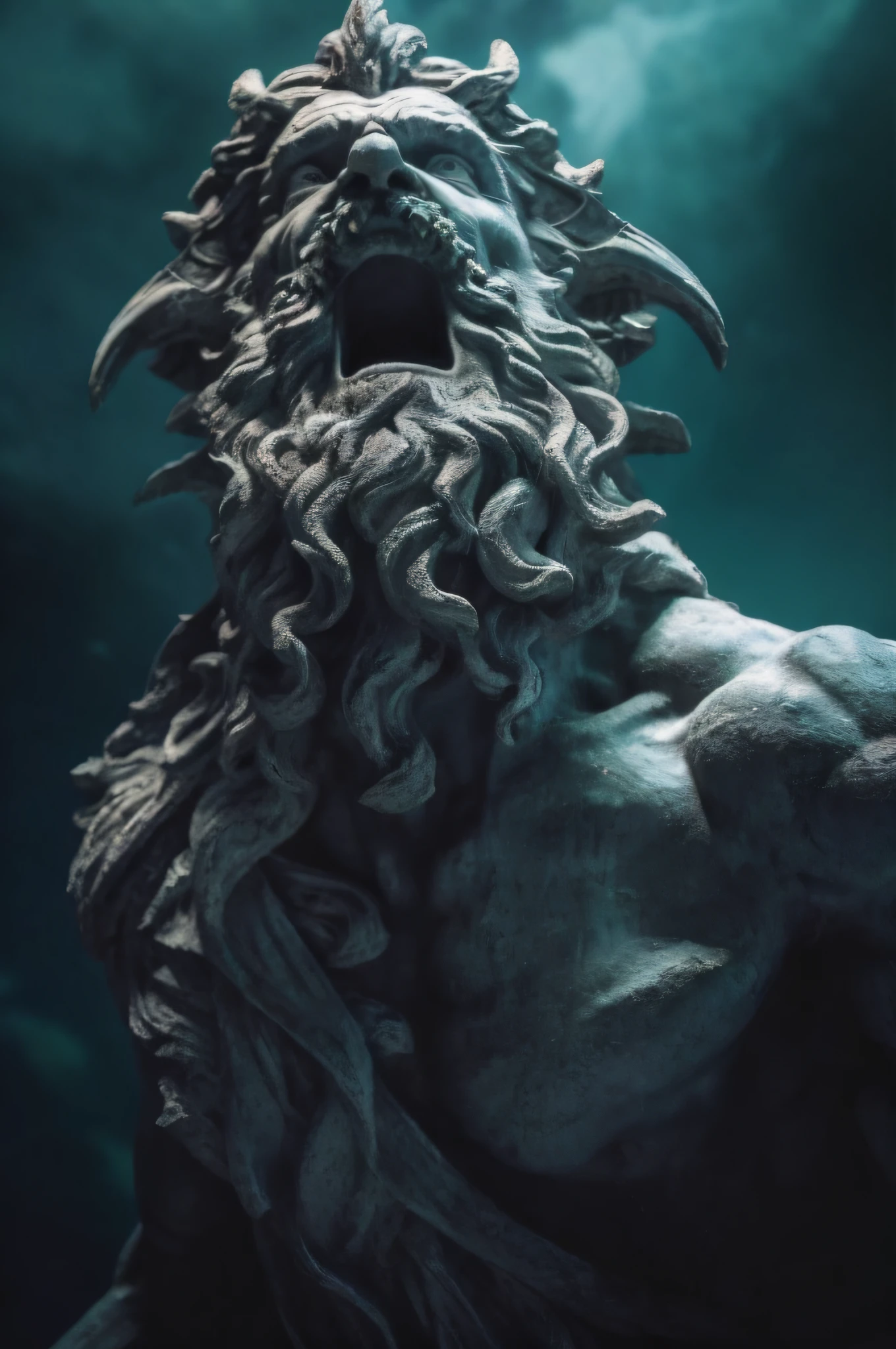 Poseidon, Neptune, trident, Garland, war, savage, screaming, insane style, cinematic photography style, quilt eliminating light from behind ::2, Panoramic View, captured by canon R8 400mm F5. 4 HD result, cinematic photography style –upbeta --ar 2:3 --chaos 100 --s 750 -