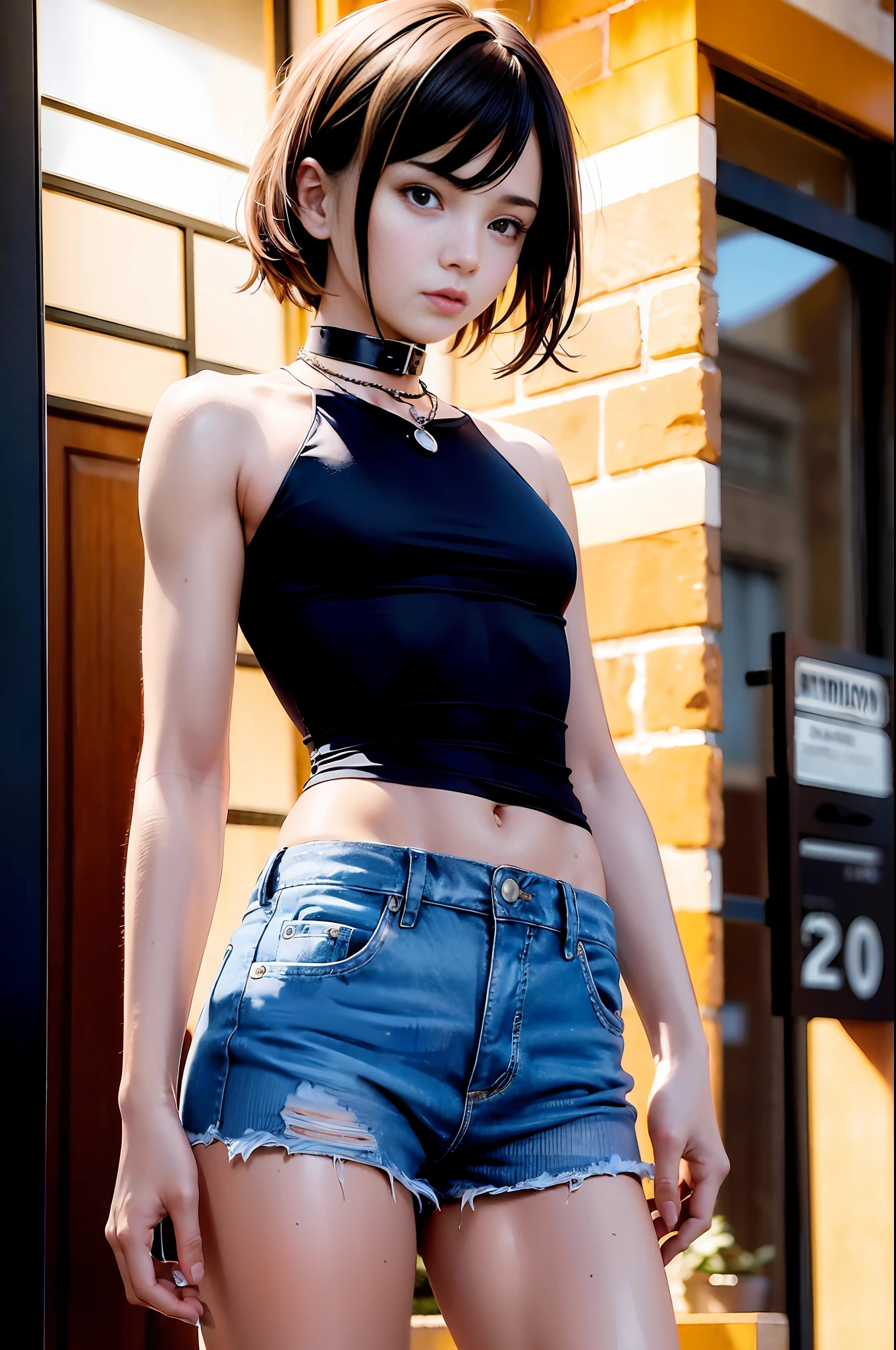 ((medium breast, tomboy girls, small head)), daylight, sunlight, (chiseled abs : 1.1), (perfect body : 1.1), (short wavy hair : 1.2) , auburn hair, collar, chain, full body shot, crowded street, wearing black tanktop, jeans jacket, ((shorts)), (extremely detailed CG 8k wallpaper), (an extremely delicate and beautiful), (masterpiece), (best quality:1.0), (ultra highres:1.0),  beautiful lighting ,perfect lightning, realistic shadows, [highres], detailed skin, ultra-detailed