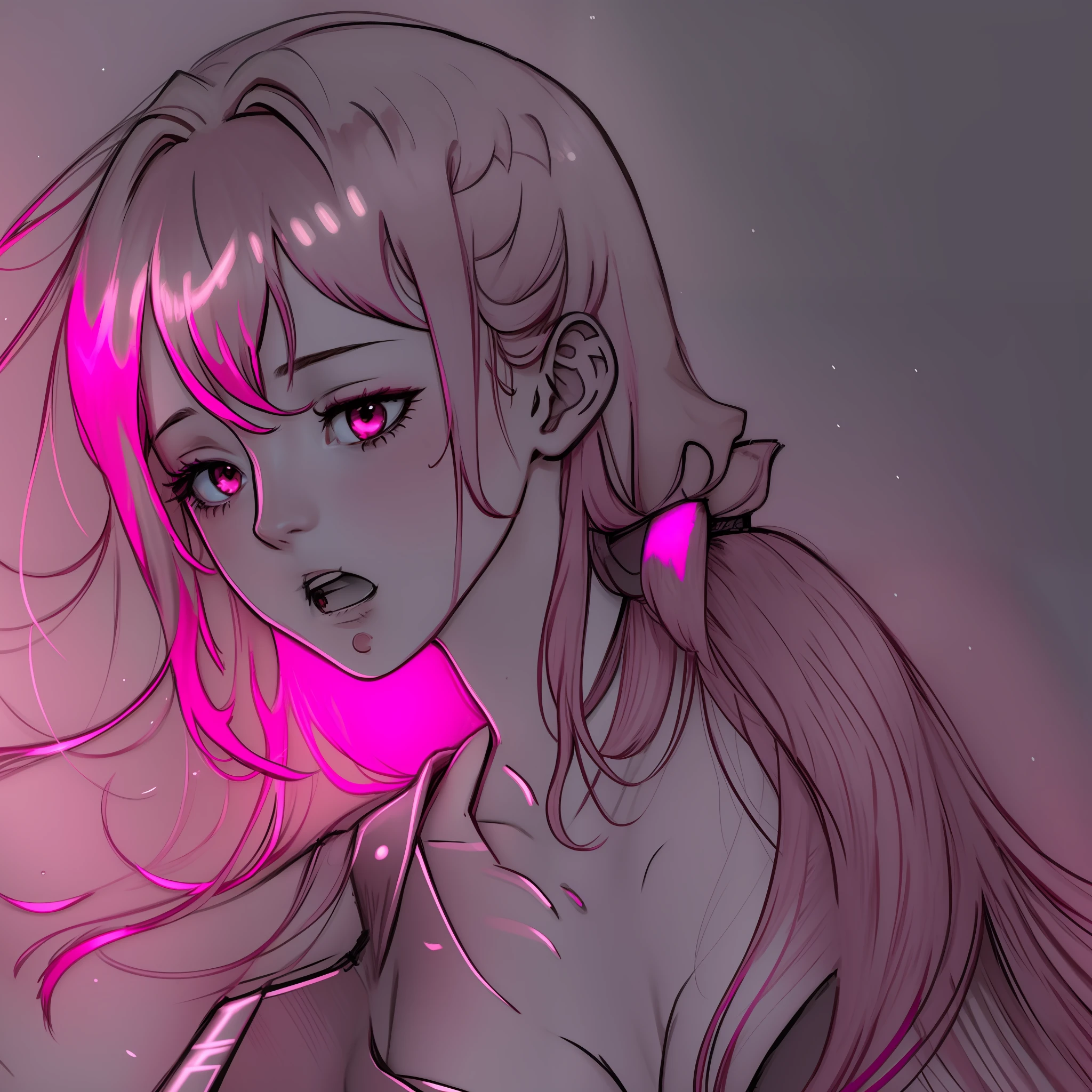 glowart: 1.0), (bright, sketch, drawing: 1.0), 1girl, bangs, red eyes bright relucent light in hair, blush, collarbone, hair between eyes, long hair, looking at viewer, bra, open mouth, pink hair, portrait, shiny, shiny hair, side ponytail, solo, wet, wet hair