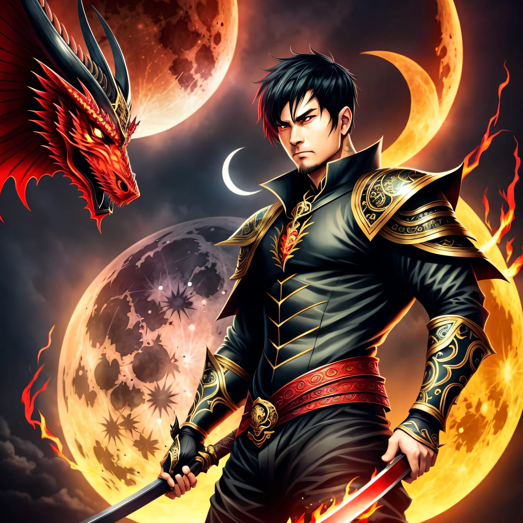 1 man, short black hair, tattoos on his face, black suit, holding a long sword in both hands, a golden dragon circling behind his back, red moon, dark, terrifying --auto --s2