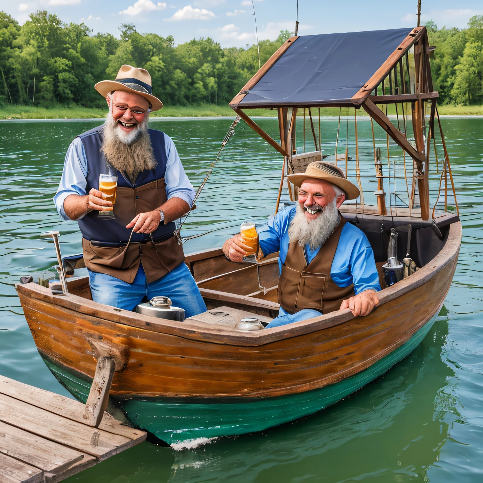 (SMITSV) (two old bearded fishermen laughing a lot, toasting and drinking beer), (sitting inside a small fishing boat), (sailing on a lake), (alien ship on the boat) --auto --s2