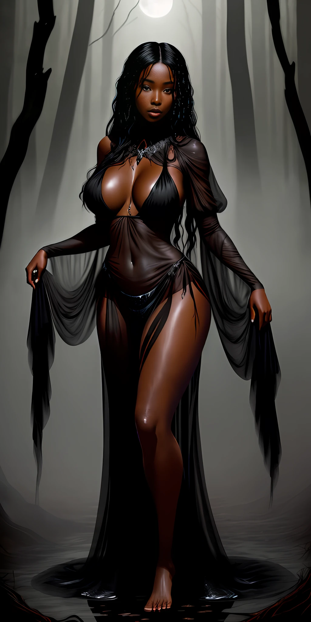 (A beautiful black woman with her breasts covered in a viscous black liquid that runs down her body), some thin and translucent tulle fabrics in black color are flying around the woman, she has long black hair that is tied and wet, her body and face is wet, barefoot, large bulky and pointed breasts,  posing for the camera, standing on the dirt floor in a dark and gloomy forest, full moon night, moonlight, lots of fog in the background, photo with better quality, a masterpiece, sensuality and elegance, HD, photograph taken by Sony R7 camera with 50mm Full frame lenses, f1.2 aperture, fantasy style