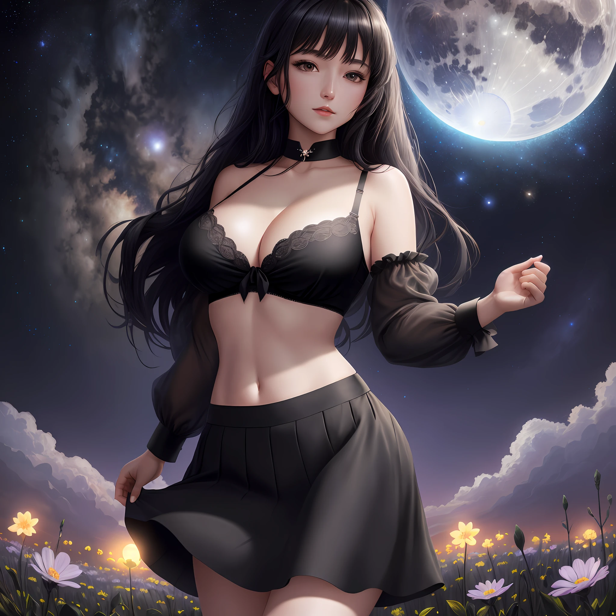 Masterpiece, 4k, extremely detailed, single girl, flowery field, night sky, moonlight, large breasts, space between breasts, thin shirt, black bra, tied hair, black hair, skirt, solo1, one person,