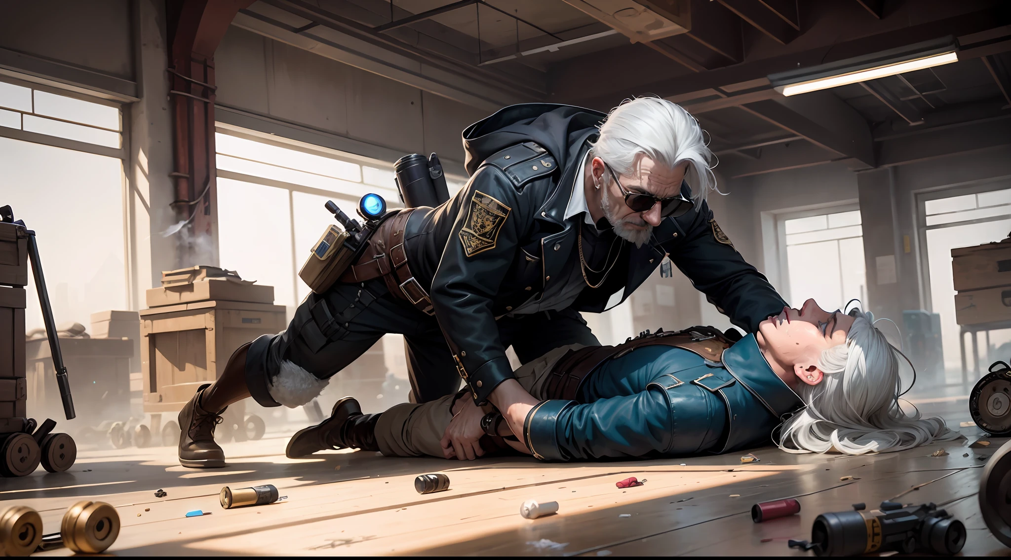 /imagine prompt: illustration of The body of an old man lies on the ground, and in the background, there is a gang man wearing sunglasses and holding a gun, ,A man in black with sunglasses and a gun::12, The body of an elderly person::15, Doctor has white hair and blood stains all over his head::15, The laboratory floor is full of garbage::12, gun::10, Suspense::15, rule of thirds composition::5, up view::6, Unreal Engine::10, beautiful lighting::10, Cinematic light::11, Volumetric light::6, Fantasy::6, Pop art::5, hyper quality::6, Futuristic Robots::2, Steampunk::10 --seed 252441588 --s 400 --q 2 --c 30