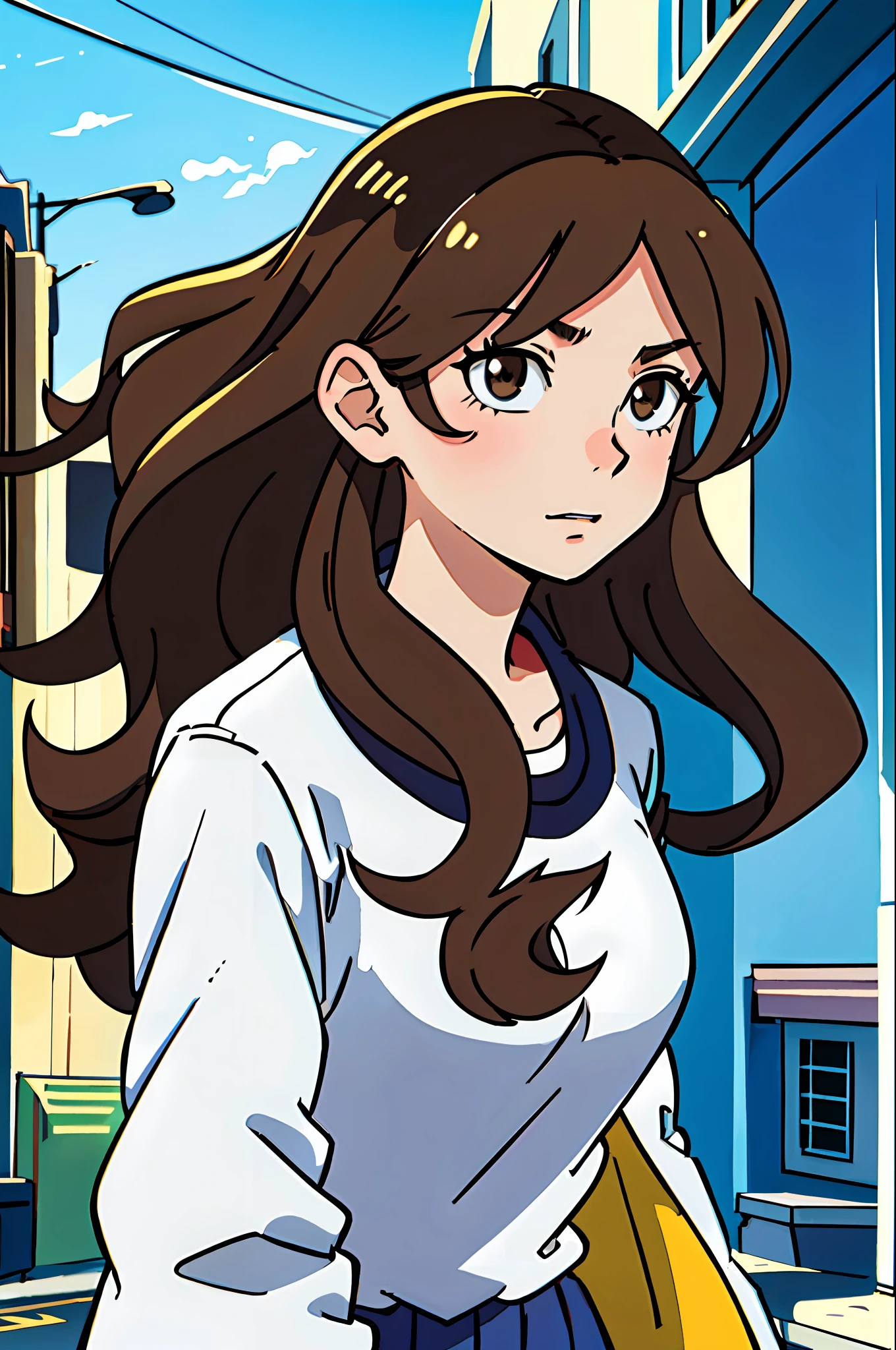 (best-quality:0.8),
(best-quality:0.8), perfect anime illustration, extreme closeup portrait of a pretty woman walking through the city, brown hair, wavy hair, hazel eyes