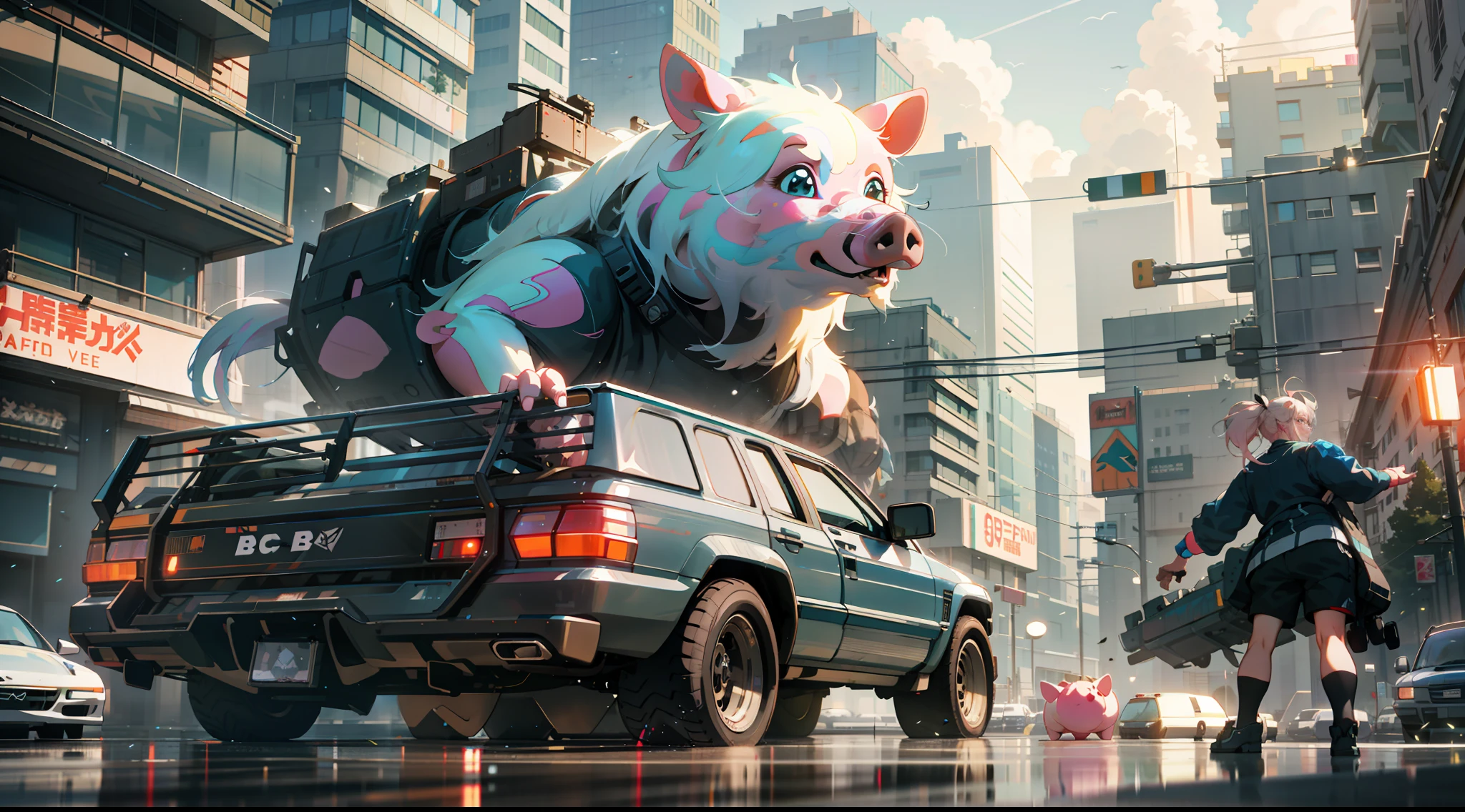 anime pig on a truck in a city with a woman standing next to it, wojtek fus, beeple |, beeple!!, 3 d render beeple, in style of beeple, beeple and greg rutkowski, beeple. hyperrealism, beeple art, beeple and mike winkelmann