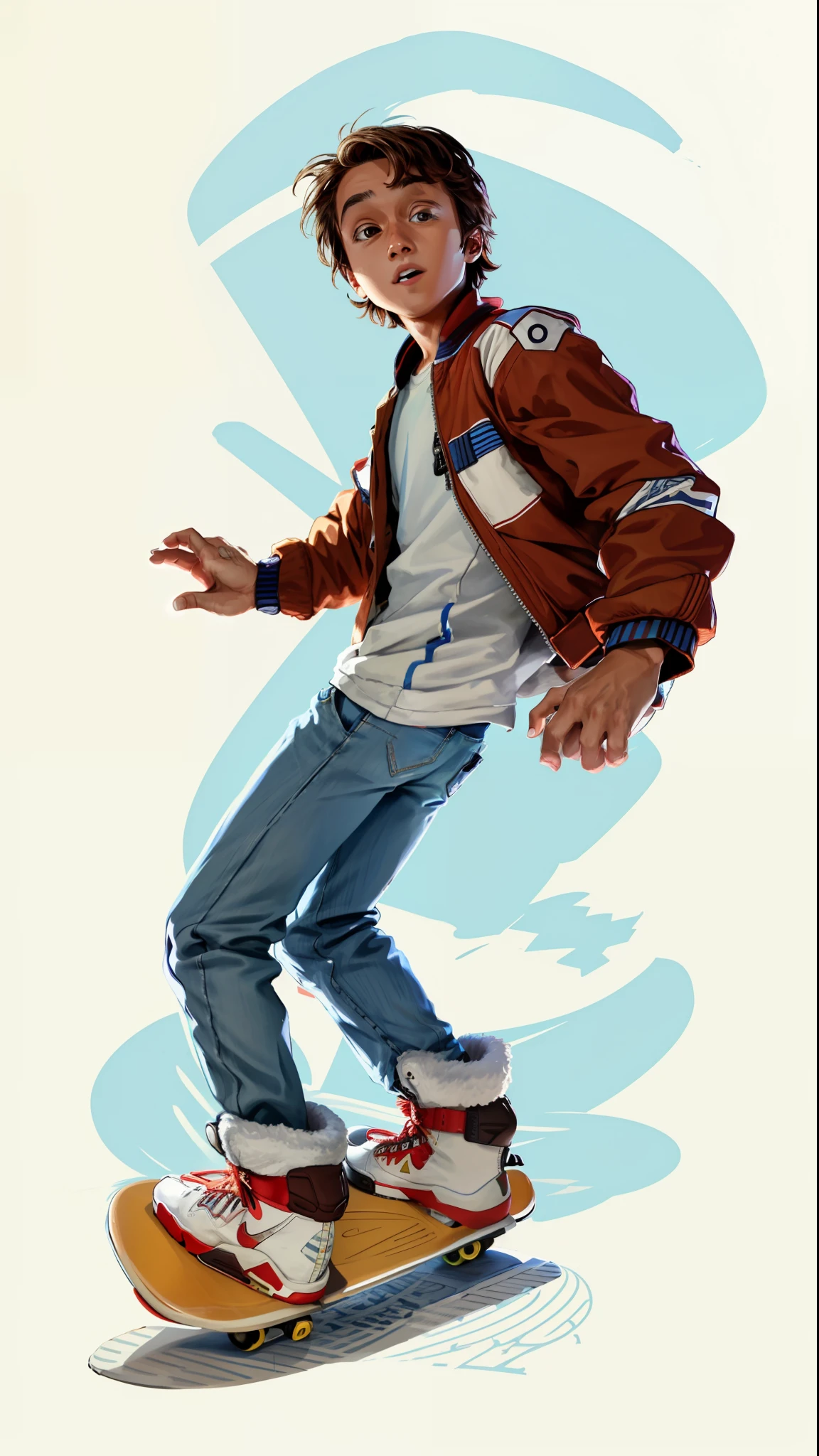nijistyle, boy riding skateboard, full body character drawing, character design, character design sketch, dynamic perspective pose, 80's, character concept, Marty McFly, Back to the Future, hoverboard, stranger things, 80's clothes, flying skateboard, nike sneakers, jacket, jeans.