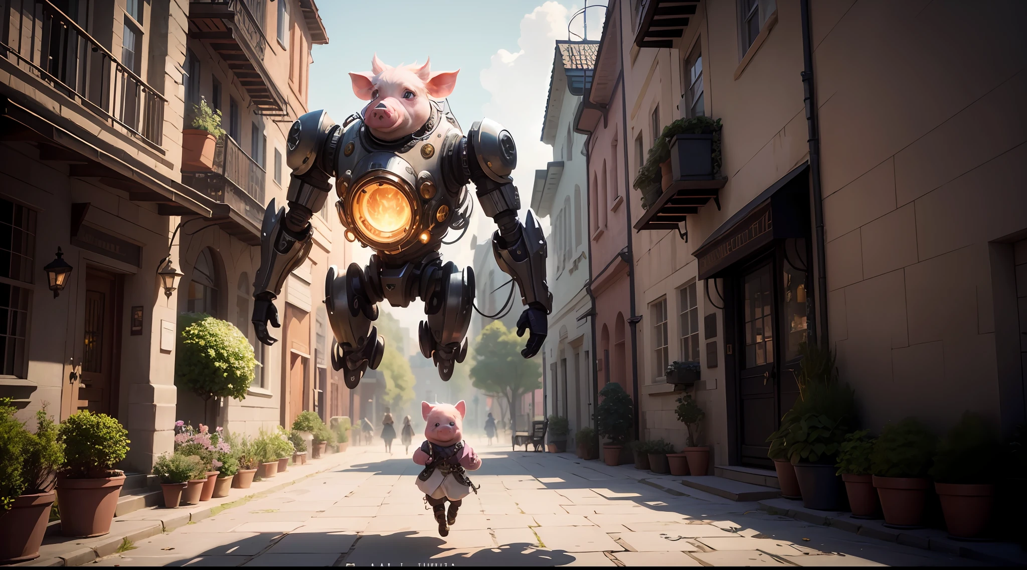 /imagine prompt: illustration of A little pig flew up ,The happy and beautiful little girl on the ground clapped her hands::8, Flying Piglet::15, Piggy wears Steampunk clothes and bursts into flames::15, A beautiful little girl::8, In the city center garden::8, Center the composition::5, Top view::6, Unreal Engine::10, beautiful lighting::10, Cinematic light::11, Volumetric light::6, Fantasy::6, Pop art::5, hyper quality::6, Futuristic Robots::2, Steampunk::10 --seed 252441588 --s 400 --q 2 --c 30