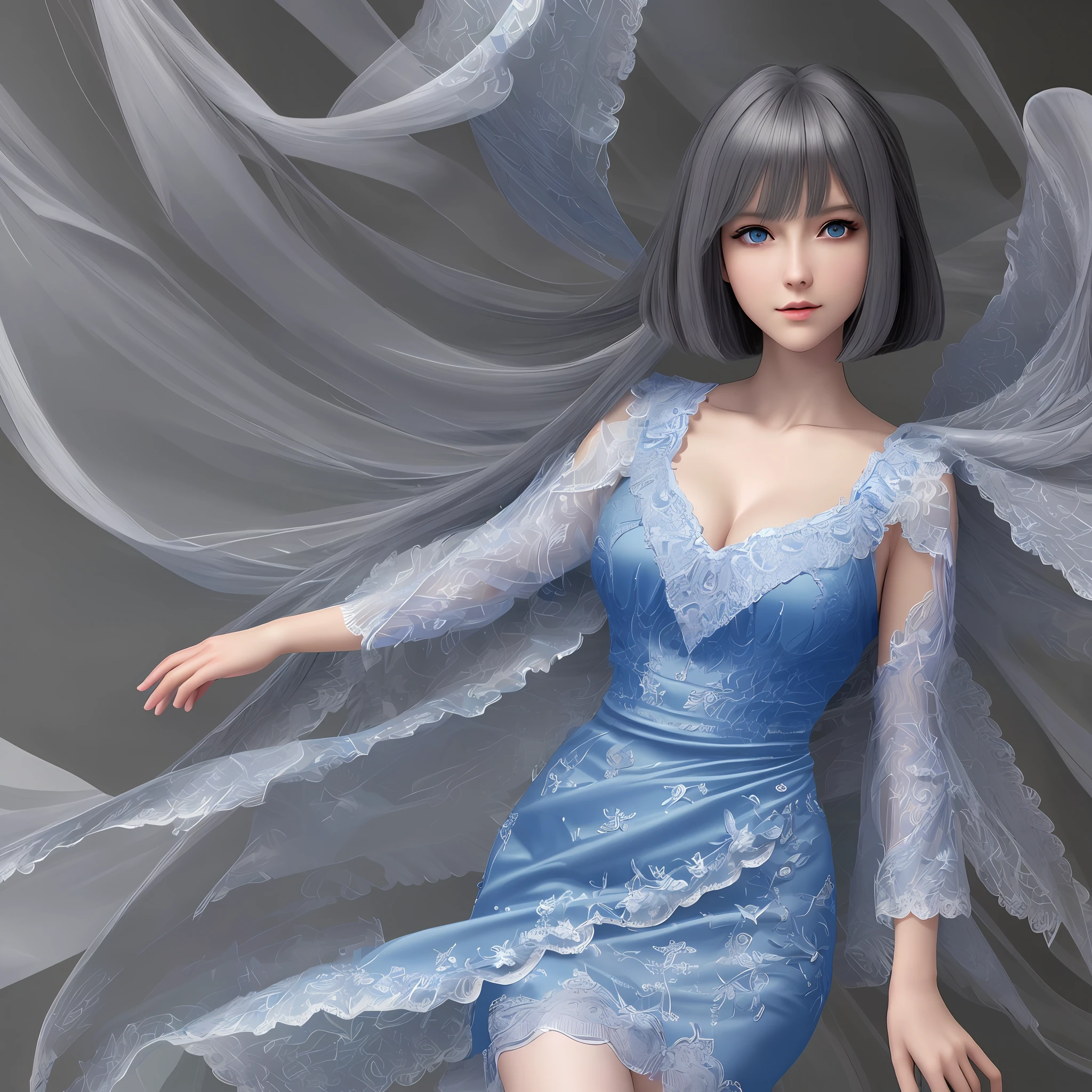 high resolution, best quality, masterpiece, ultra high definition, ultra high definition, ultra realistic, 3d, anime, illustration, background kaleidoscope, solo, beauty cute lady, big glossy blue eyes, glossy gray long wavy bob cut, gentle smile, full body, perfect best proportion, 10 heads tall, thin lace camisole dress and shawl