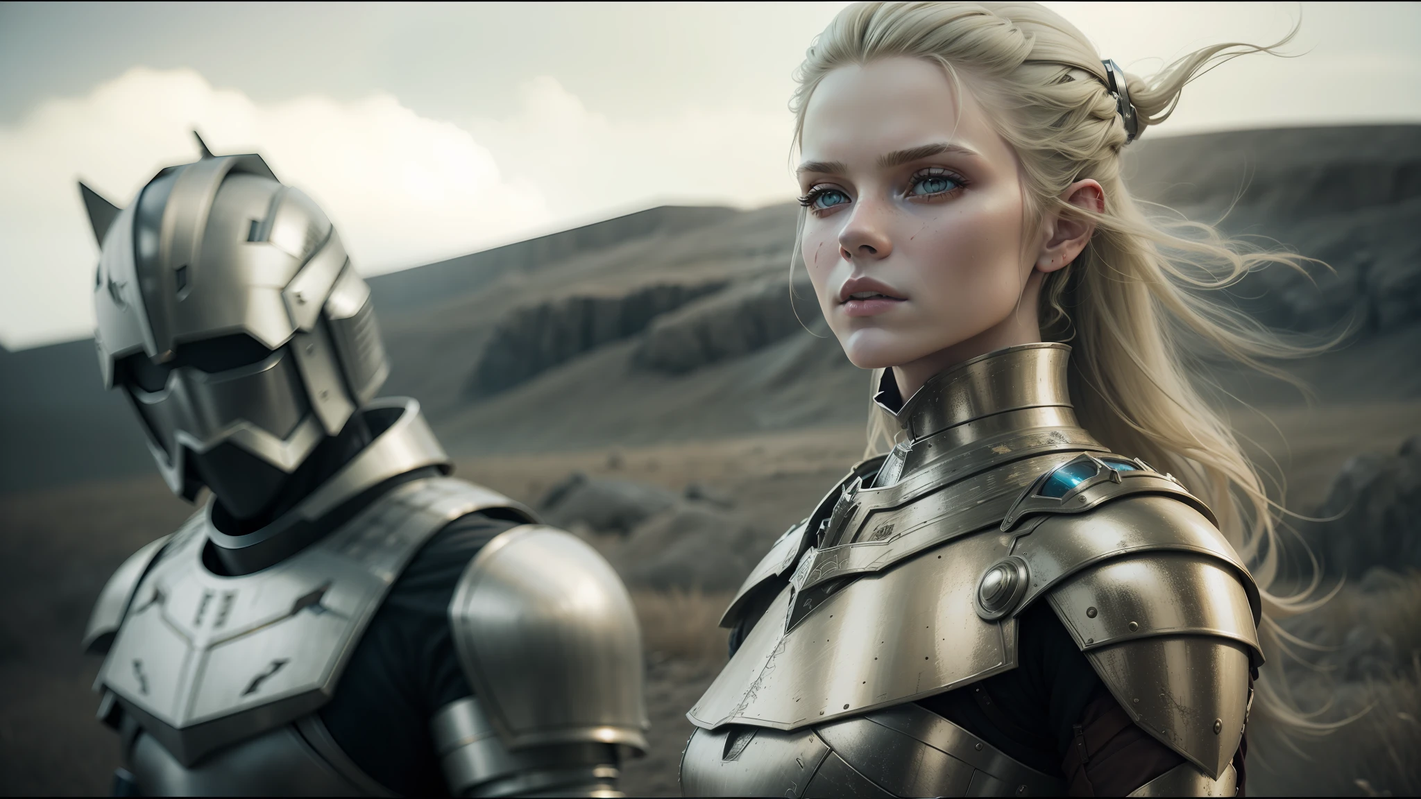 there is a woman in armor standing next to a robot, inspired by Nína Tryggvadóttir, vfx shot, beauty campaign, brown armor, elvish blonde male warrior, portrait of nordic girl, shot on anamorphic lenses, vfx film closeup, promotional shot