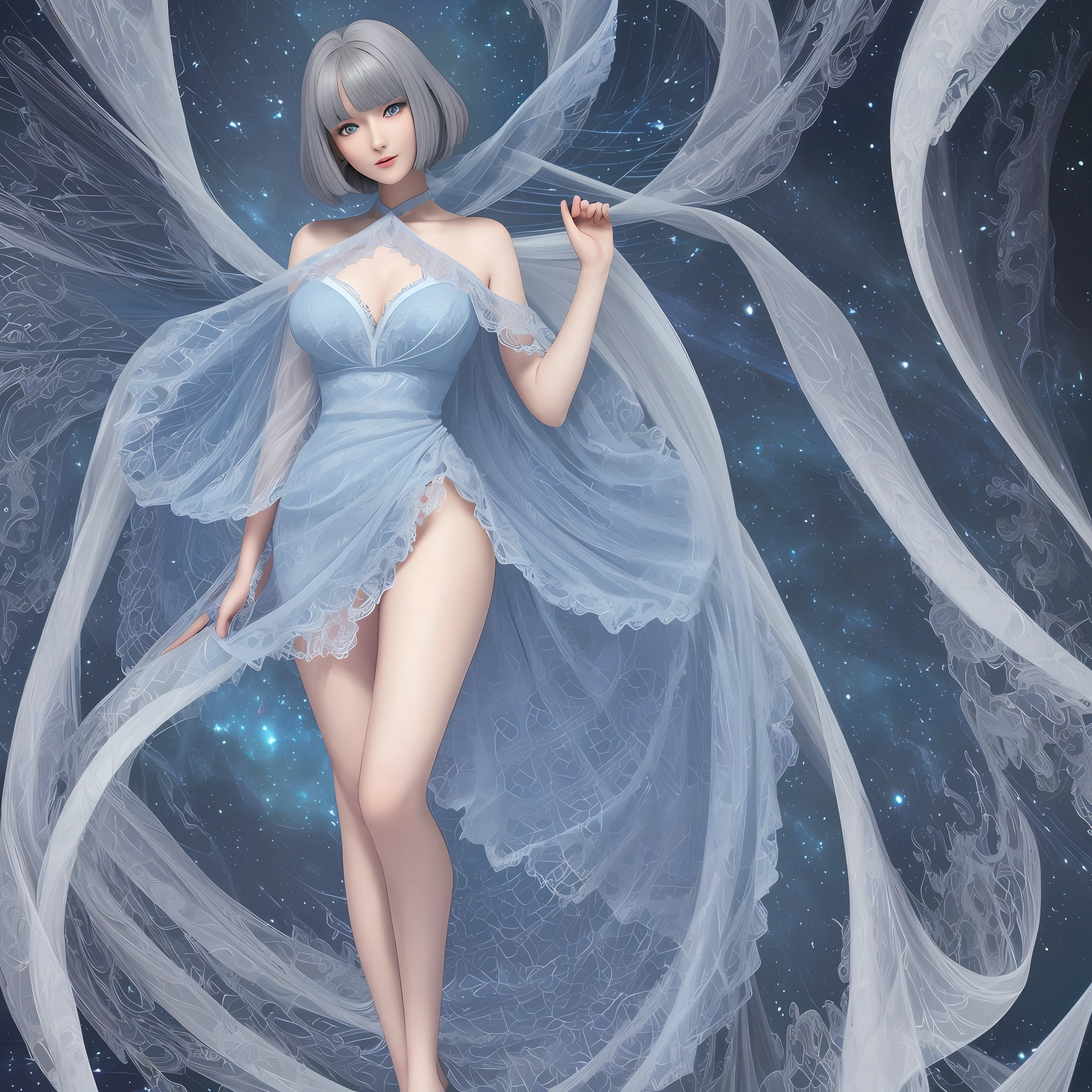high resolution, best quality, masterpiece, ultra high definition, ultra high definition, ultra realistic, 3d, anime, illustration, background kaleidoscope, solo, beauty cute lady, big glossy blue eyes, glossy gray long wavy bob cut, gentle smile, full body, perfect best proportion, 10 heads tall, thin lace camisole dress and shawl