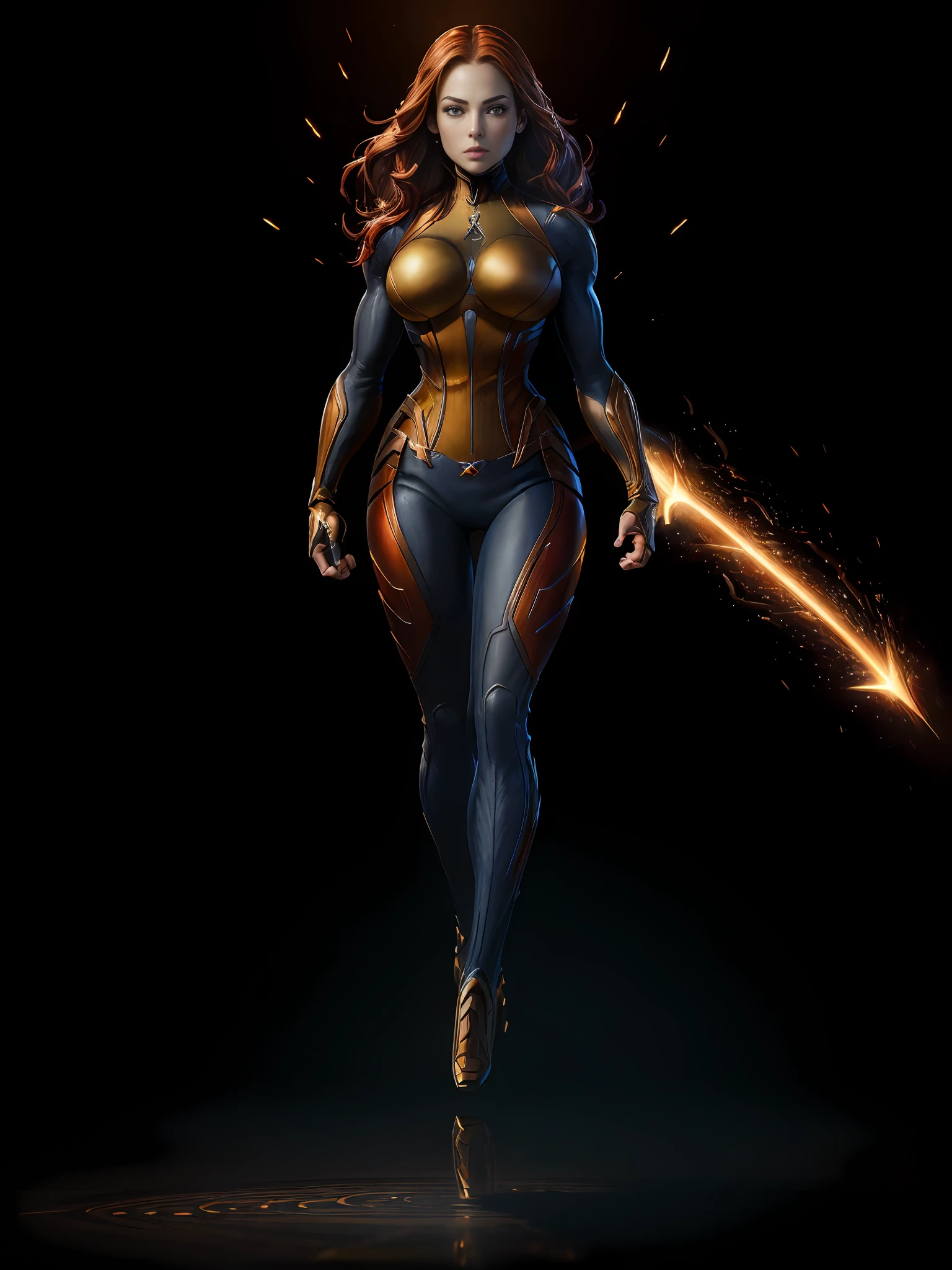 ((best quality,masterpiece)), ultra-detailed, high resolution, realistic CG rendering, dynamic pose, beautiful face,(Jean Grey:X-Men), glowing aura, bright eyes, red hair, full body shot, action-packed, intense energy, dramatic background.