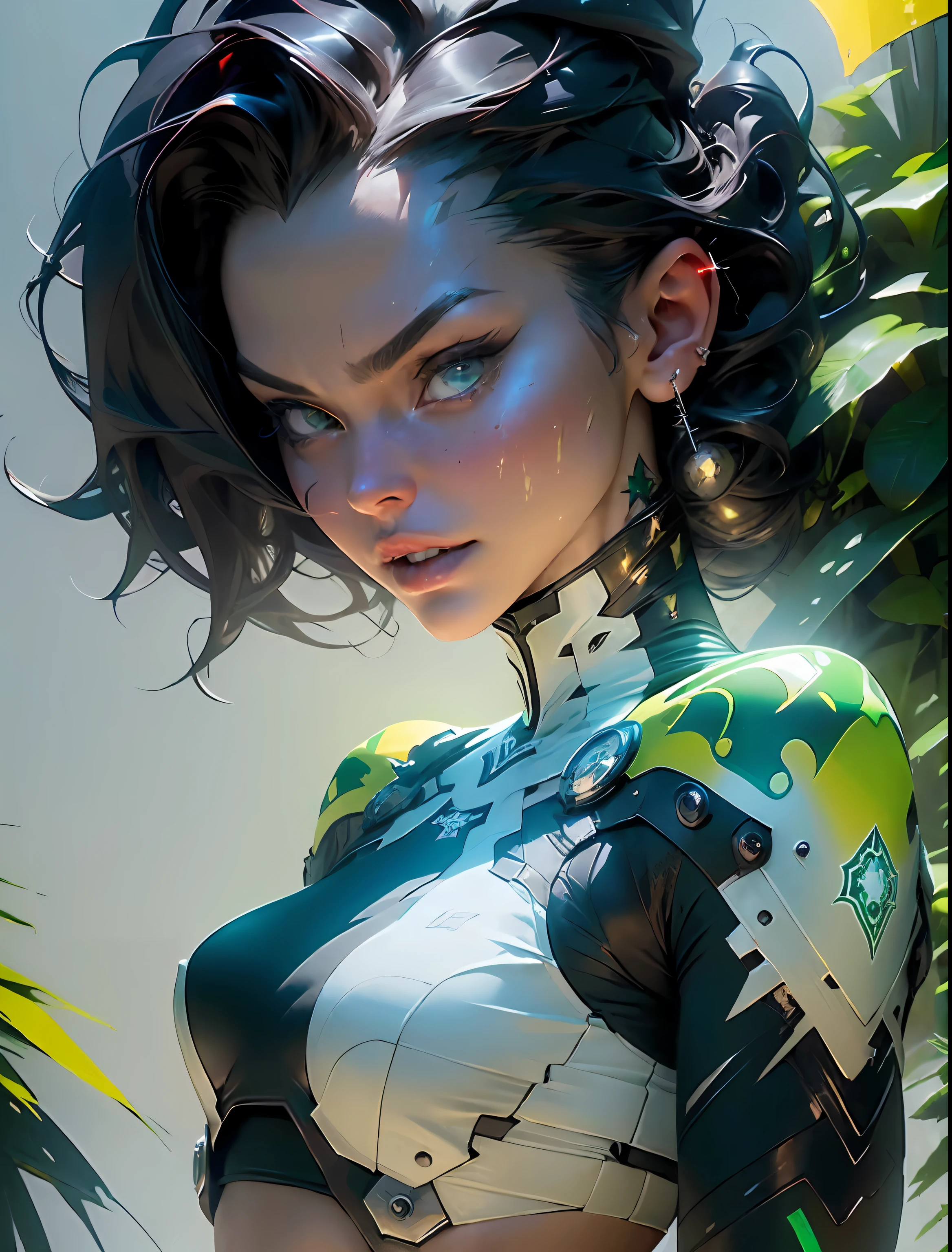 ((Best quality)), ((masterpiece)), (detailed: 1.4), (((100% green)))), woman defined body, full body, bare thighs, body parts covered by futuristic retro clothing, rays painted by body body, green is the predominant color in clothing, wear blue, yellow, tanned and sweaty skin, (((large breasts)) perfect, generous neckline, pastel, black mohawk hair with small white locks, short underwear,  cinta liga, por mucha, niji, close to real, best quality, almost naked, psychopath, crazy face, action pose, sexy pose, starry night background, imitating outfit, tattoos flag of Brazil, green bra with white stars, 5-pointed stars painted the breasts, (((clothes with the colors of the flag of Brazil)))), shoulder pads with pointed pins, red eyes without pupils,  HDR (High Dynamic Range),Ray Tracing,NVIDIA RTX,Super-Resolution,Unreal 5,Subsurface Dispersion, PBR Texture, Post-processing, Anisotropic filtering, Depth of field, Maximum clarity and sharpness, Multilayer textures, Albedo and specular maps, Surface shading, Accurate simulation of light-material interaction, Perfect proportions, Octane Render, Two-tone lighting, Wide aperture, Low ISO, White balance, Rule of thirds,  8K RAW, crysisnanosuit